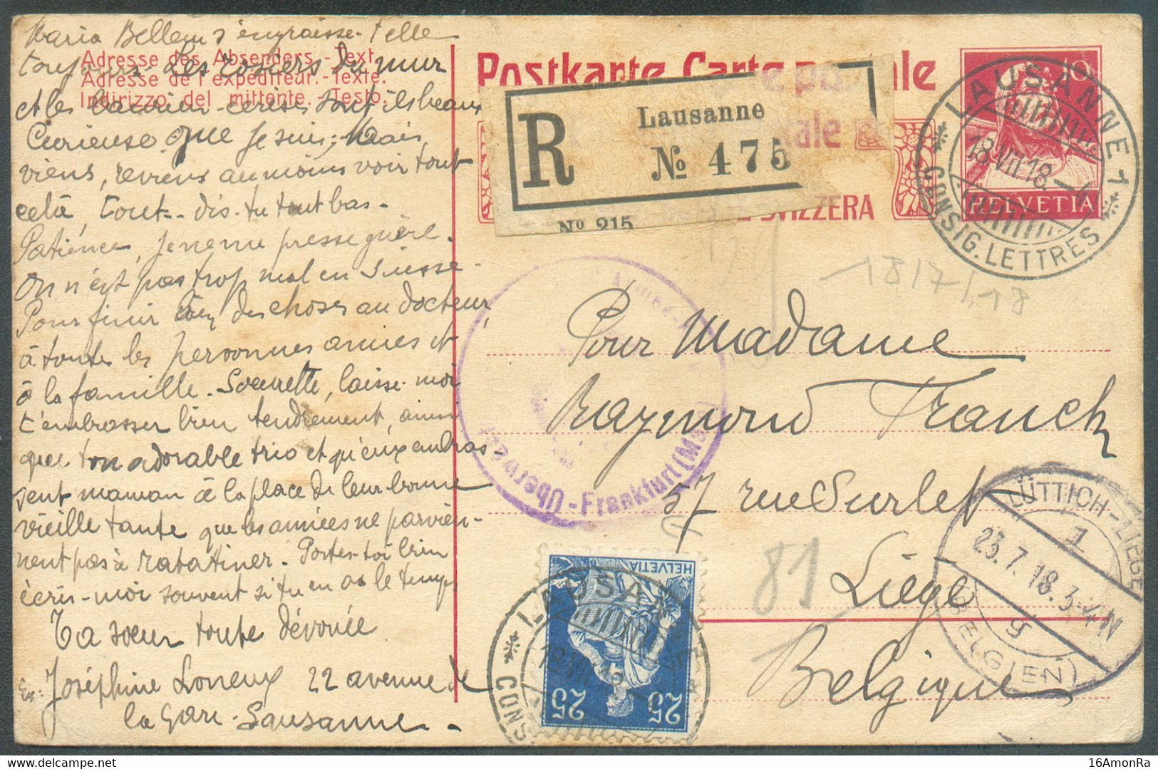 Refugié Belge E.P Carte SUISSE 10c. G. Tell + 25c. Helvetia Obl. Dc LAUSANNE  18.VII.18 En recommandé Vers Liège (BE) + - Other & Unclassified