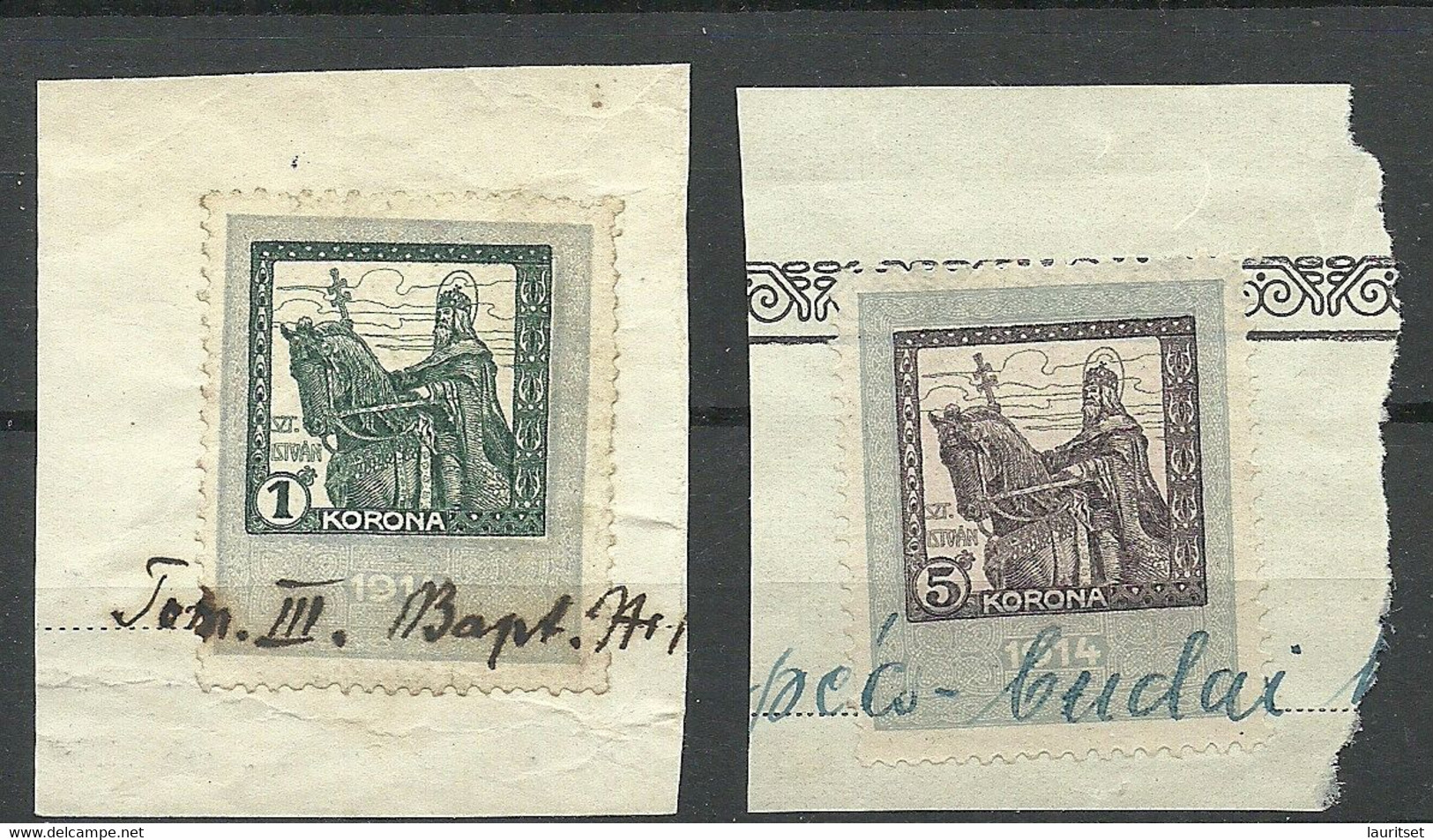 UNGARN HUNGARY 1914 Revenue Documentary Tax Steuermarken Stempelmarken 1 & 2 Korona On Cut Out - Revenue Stamps