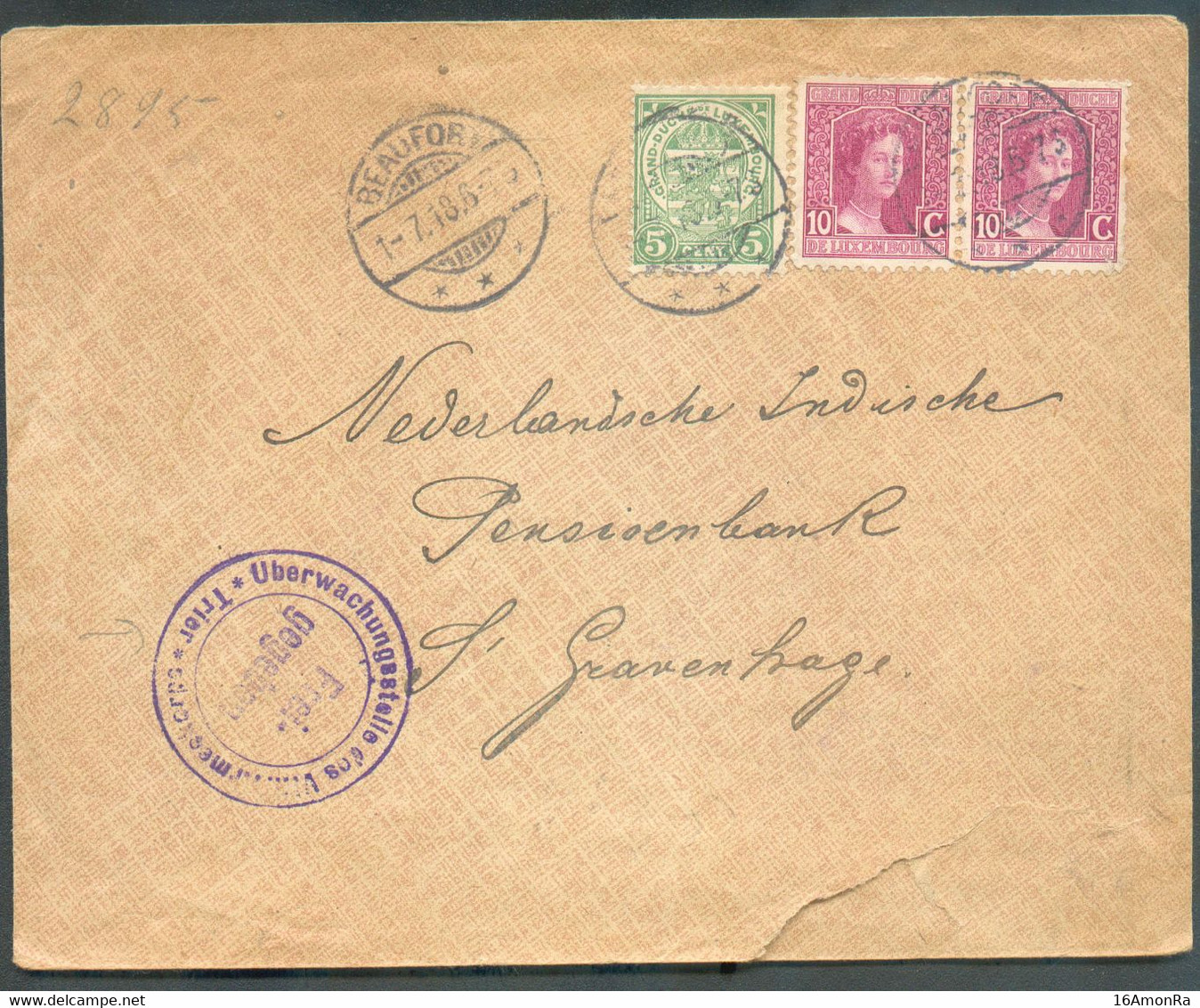 10c. Marie-Adelaide (x2) + 5c. Ecusson Obl. Dc BEAUFORT Sur Lettre Du 1-7-1918 Vers 's Gravenhague (P-B) +  Censure De T - 1914-24 Marie-Adelaide