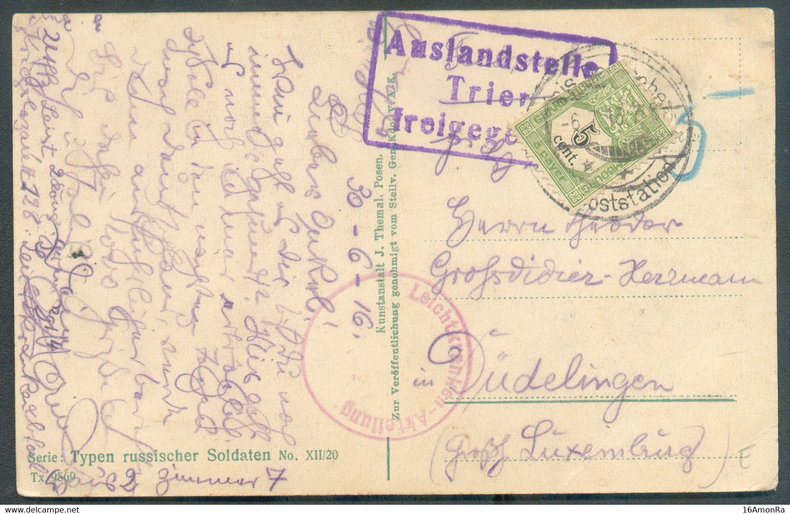 Allemagne - C.P. Non Affranchie, Obl. Dc Deutshe Poststation (in RUssia - Front De L'Est) Vers Dudelingen (GD De Luxembo - Impuestos