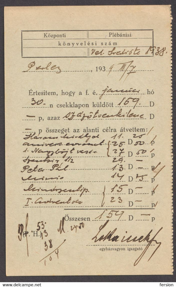 Perlasz PERLEZ POSTMARK 1939 Postcard CATHOLIC CHURCH Money Order Form BANAT HUNGARY YUGOSLAVIA Port Payé OFFICIAL - Service