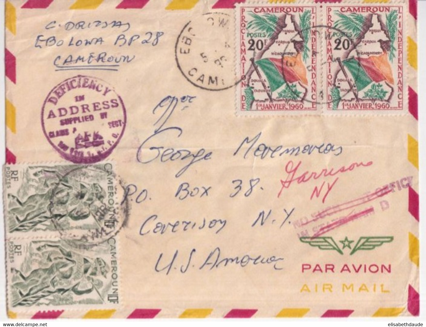 1961 - CAMEROUN - MIXTE AVANT ET APRES INDEPENDANCE ! ENVELOPPE RECOMMANDEE De EBOLOWA => USA - ERREUR ADRESSE !! - Covers & Documents