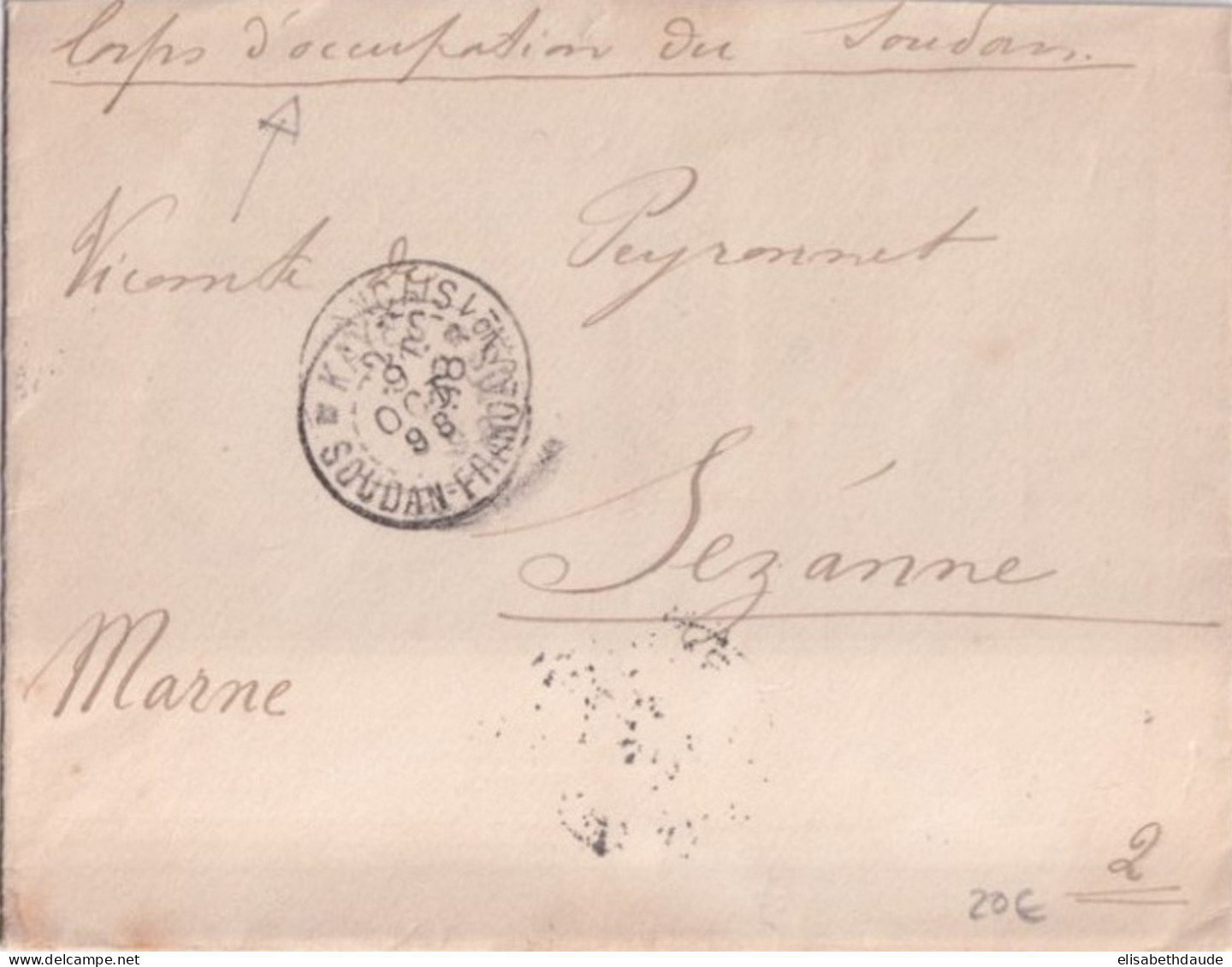 1898 - SOUDAN - PETITE ENVELOPPE Du CORPS D'OCCUPATION ! à KAYES => SEZANNE (MARNE) - Army Postmarks (before 1900)