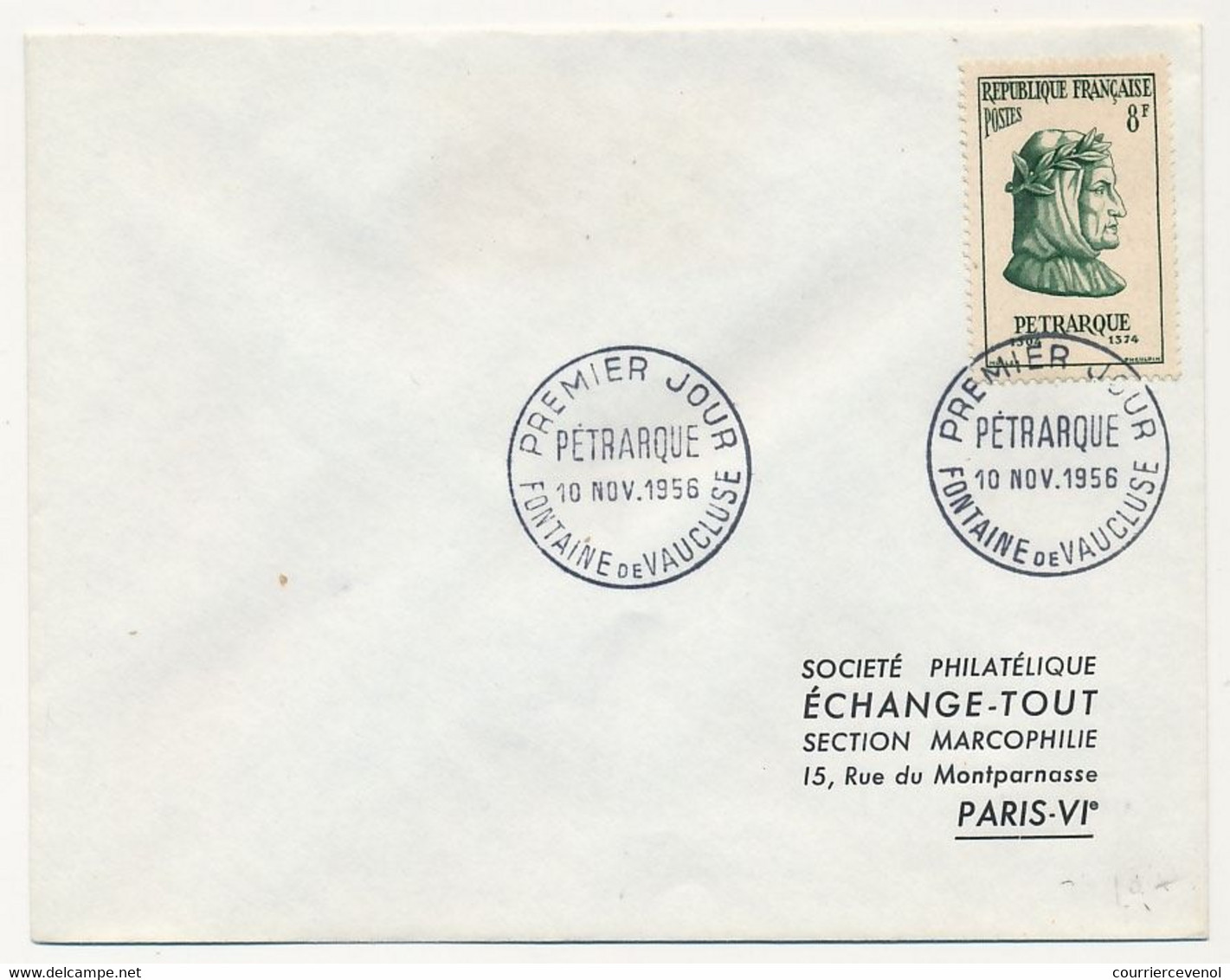 FRANCE - Env Affr. 8F Pétrarque - Obl Premier Jour Fontaine De Vaucluse 10 Nov 1956 - Covers & Documents