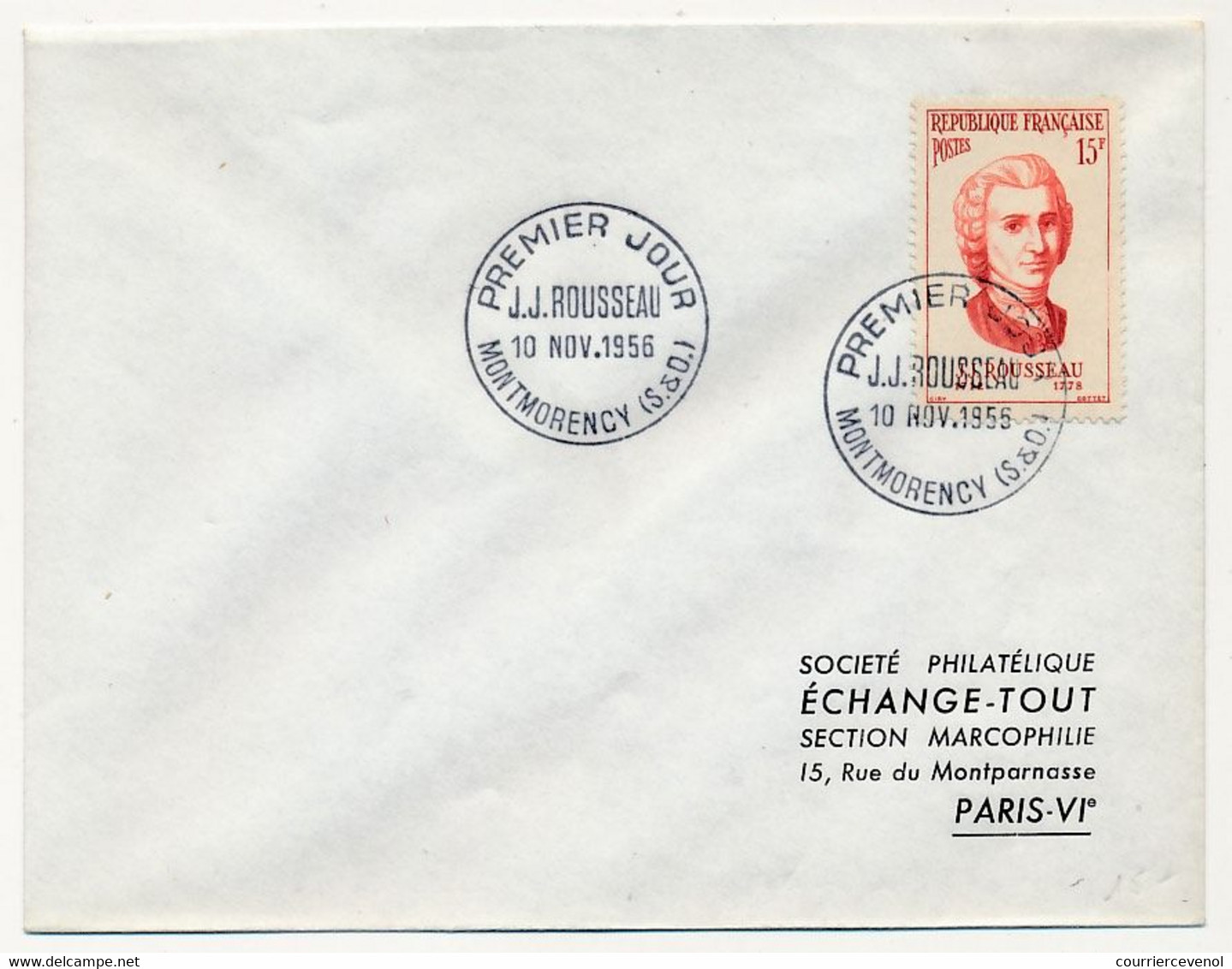 FRANCE - Env Affr. 15F Jean Jacques Rousseau - Obl Premier Jour Montmorency (S Et O) 10 Nov 1956 - Covers & Documents