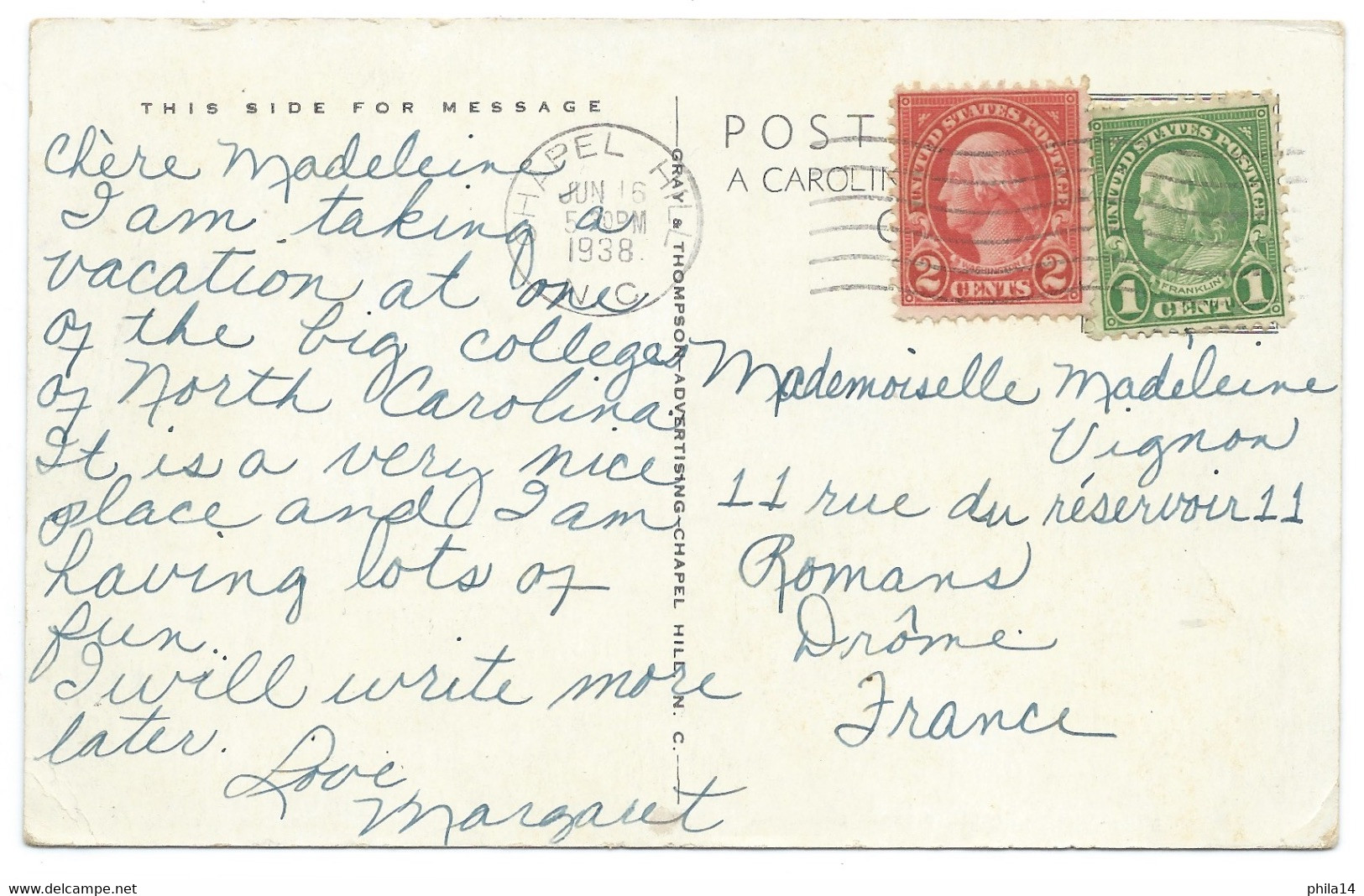 CPA CAROLINA INN / CHAPEL HILL NORTH CAROLINA 1938 POUR ROMANS FRANCE - Chapel Hill