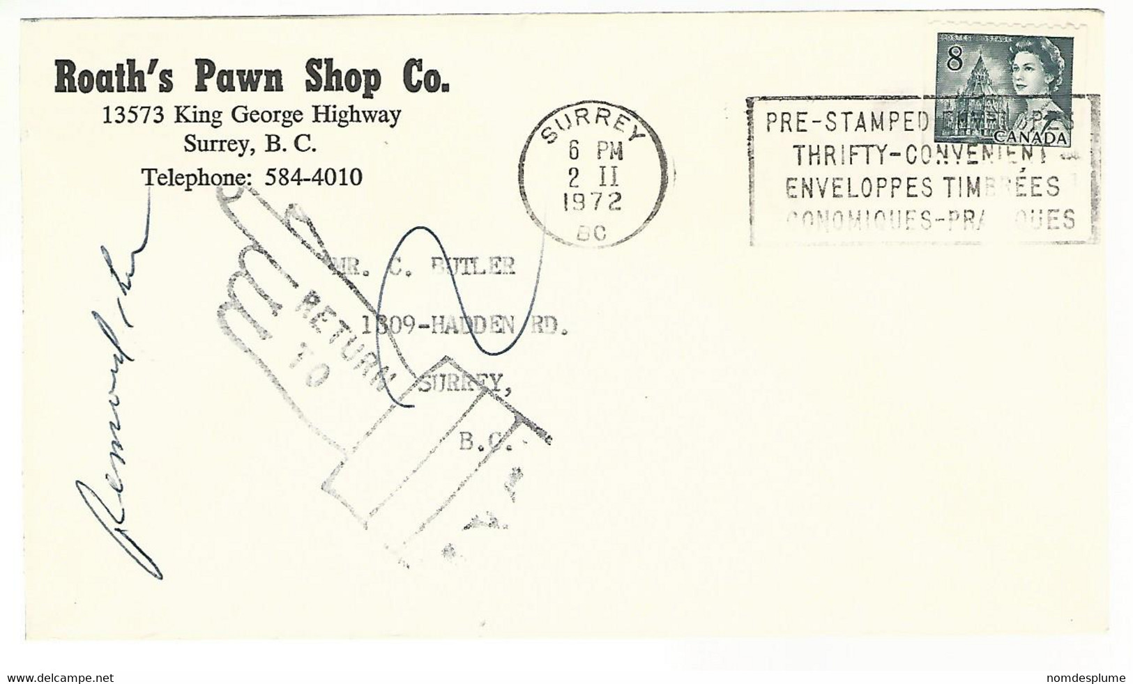 56340 ) Canada Pre Stamped Surrey  Postmark  Slogan Return To Sender - Cartas & Documentos