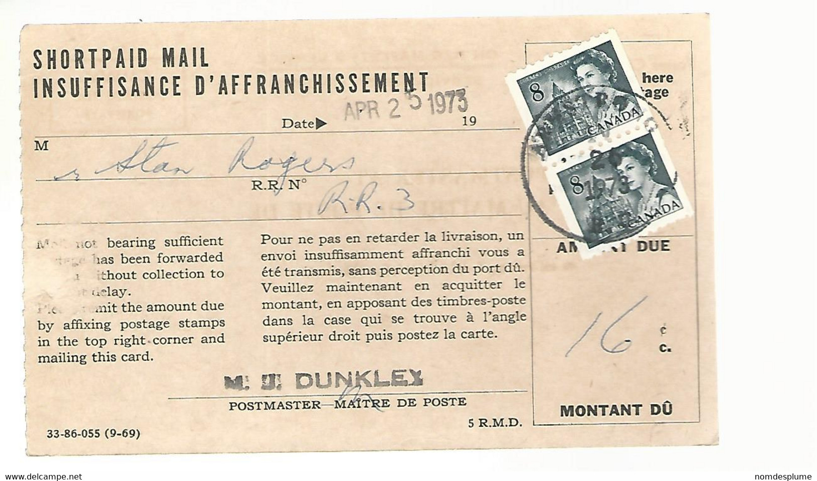 56360 ) Canada Post Card Armstrong Postmark 1973 Shortpaid Mail OHMS - Officiële Postkaarten