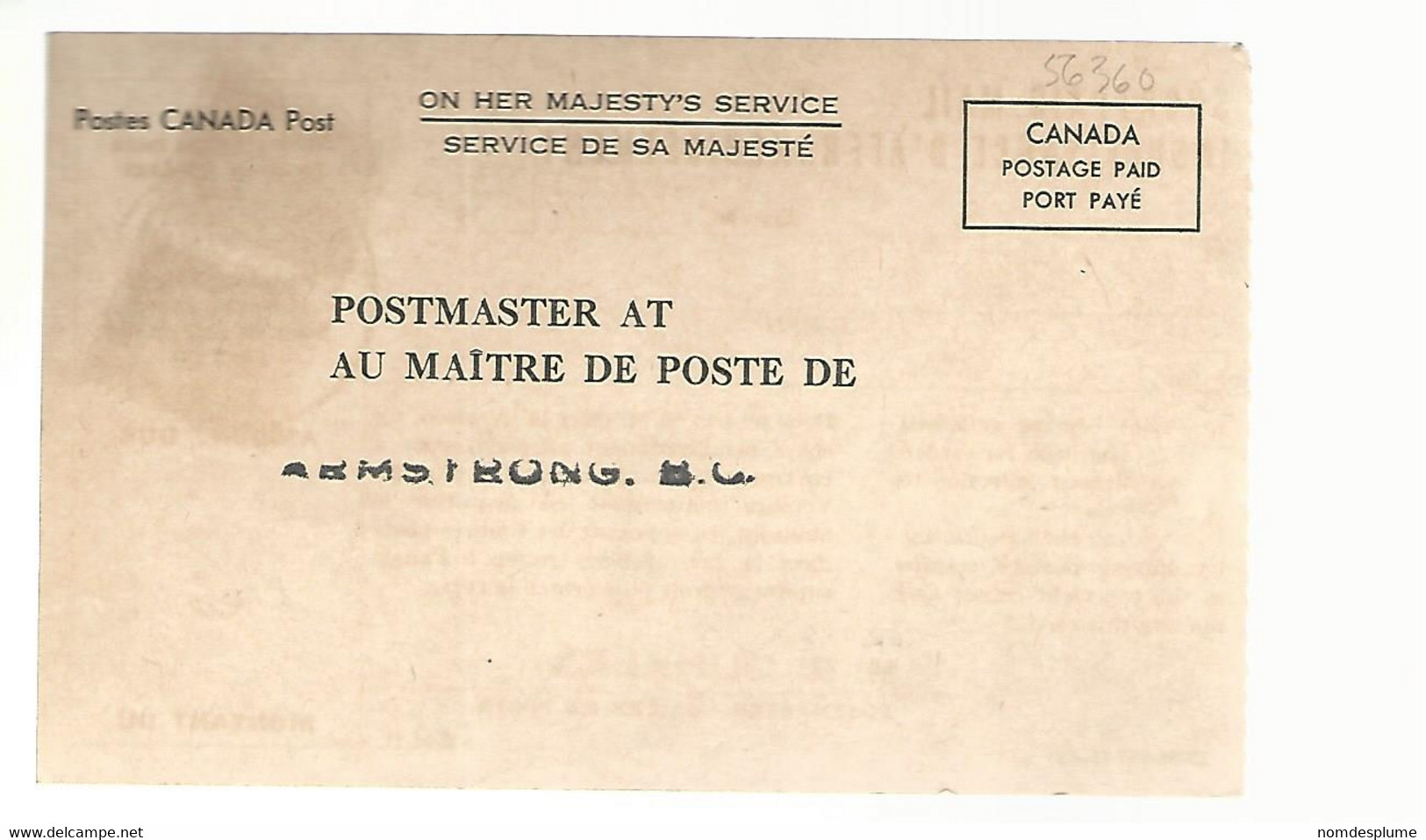 56360 ) Canada Post Card Armstrong Postmark 1973 Shortpaid Mail OHMS - Offizielle Bildkarten