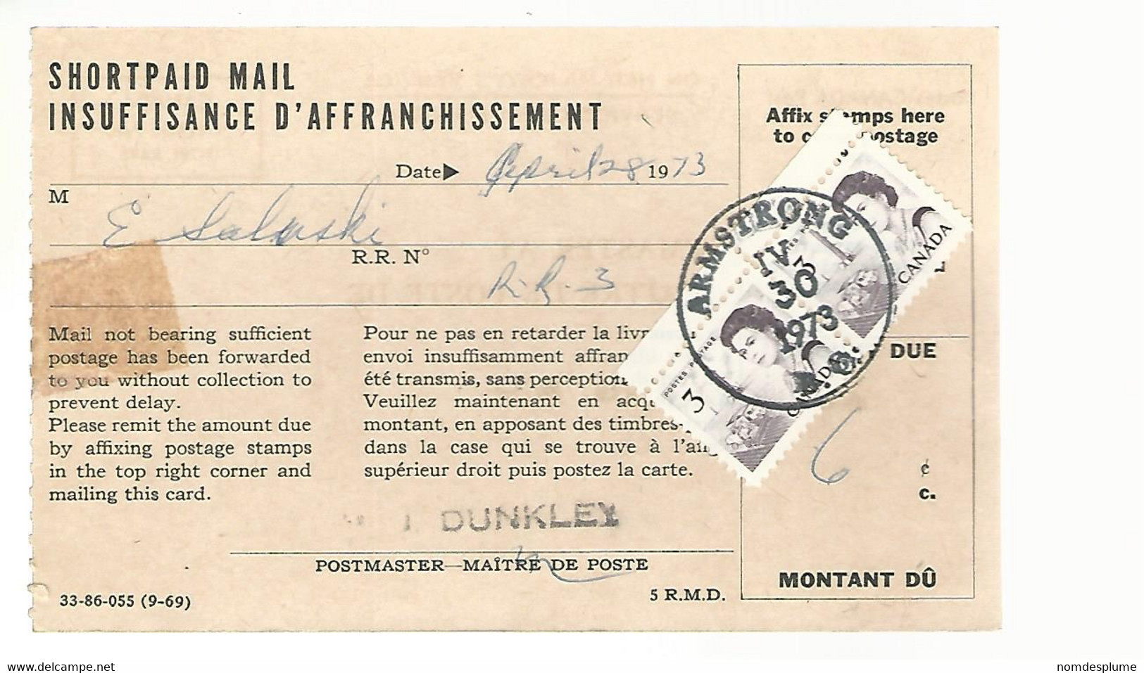 56361 ) Canada Post Card Armstrong Postmark 1973 Shortpaid Mail OHMS - Cartes Illustrées Officielles