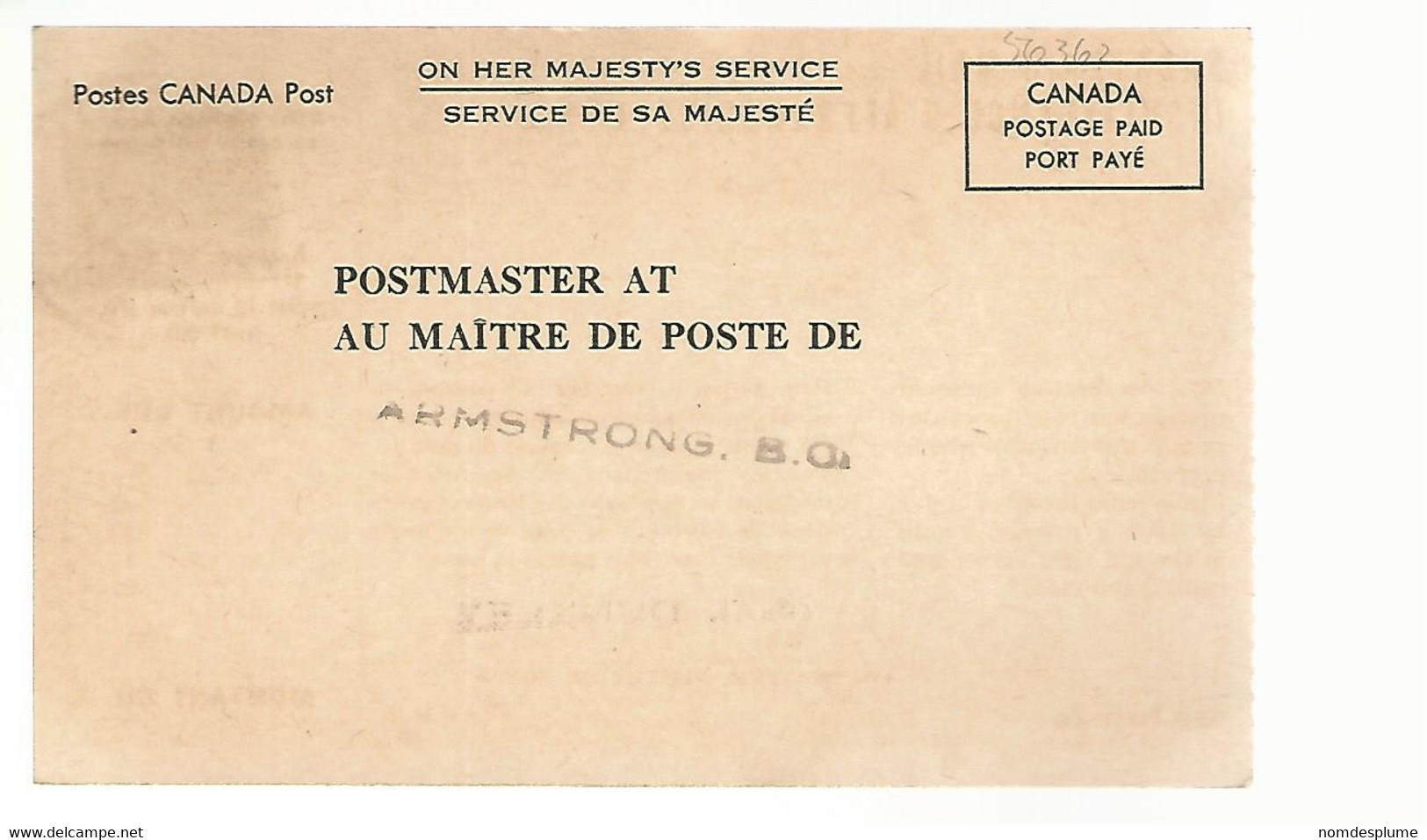 56362 ) Canada Post Card Armstrong Postmark 1972 Shortpaid Mail OHMS - Officiële Postkaarten