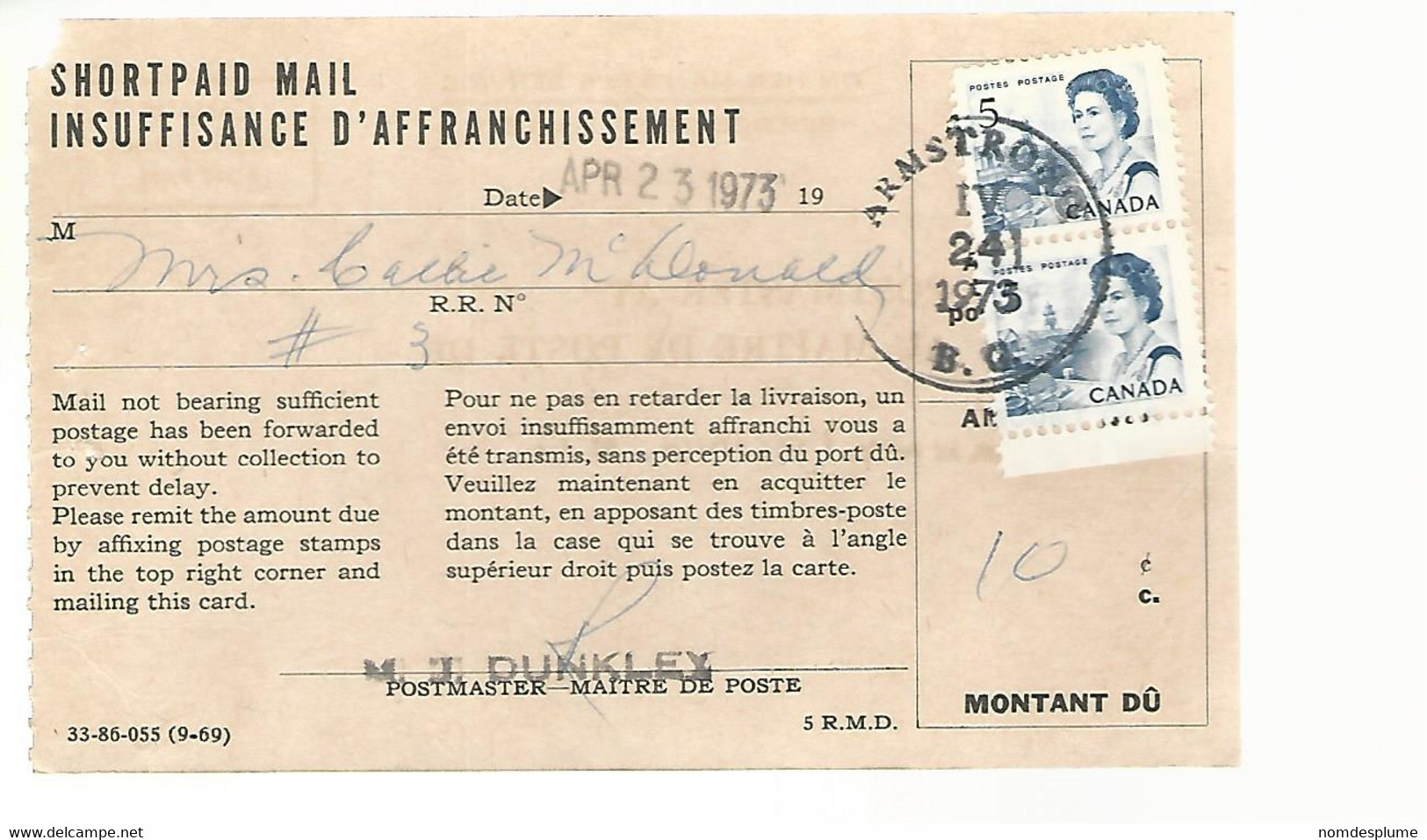 56368 ) Canada Post Card Shortpaid Mail Armstrong Postmark 1973 OHMS - Cartoline Illustrate Ufficiali (della Posta)