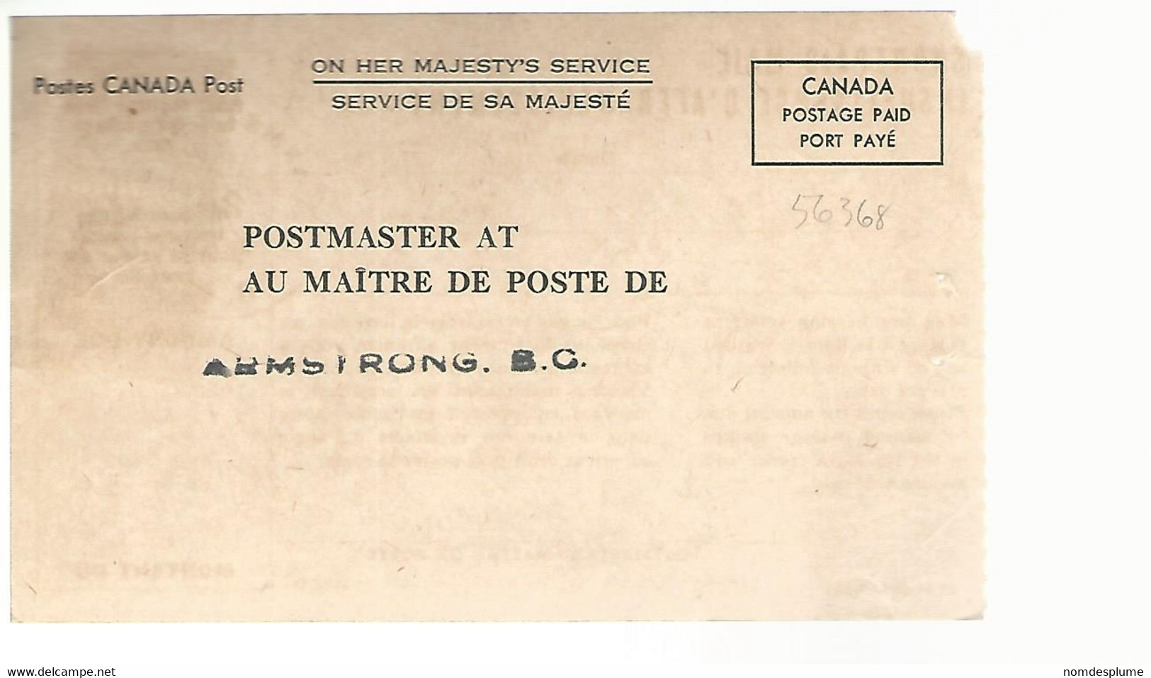 56368 ) Canada Post Card Shortpaid Mail Armstrong Postmark 1973 OHMS - Officiële Postkaarten