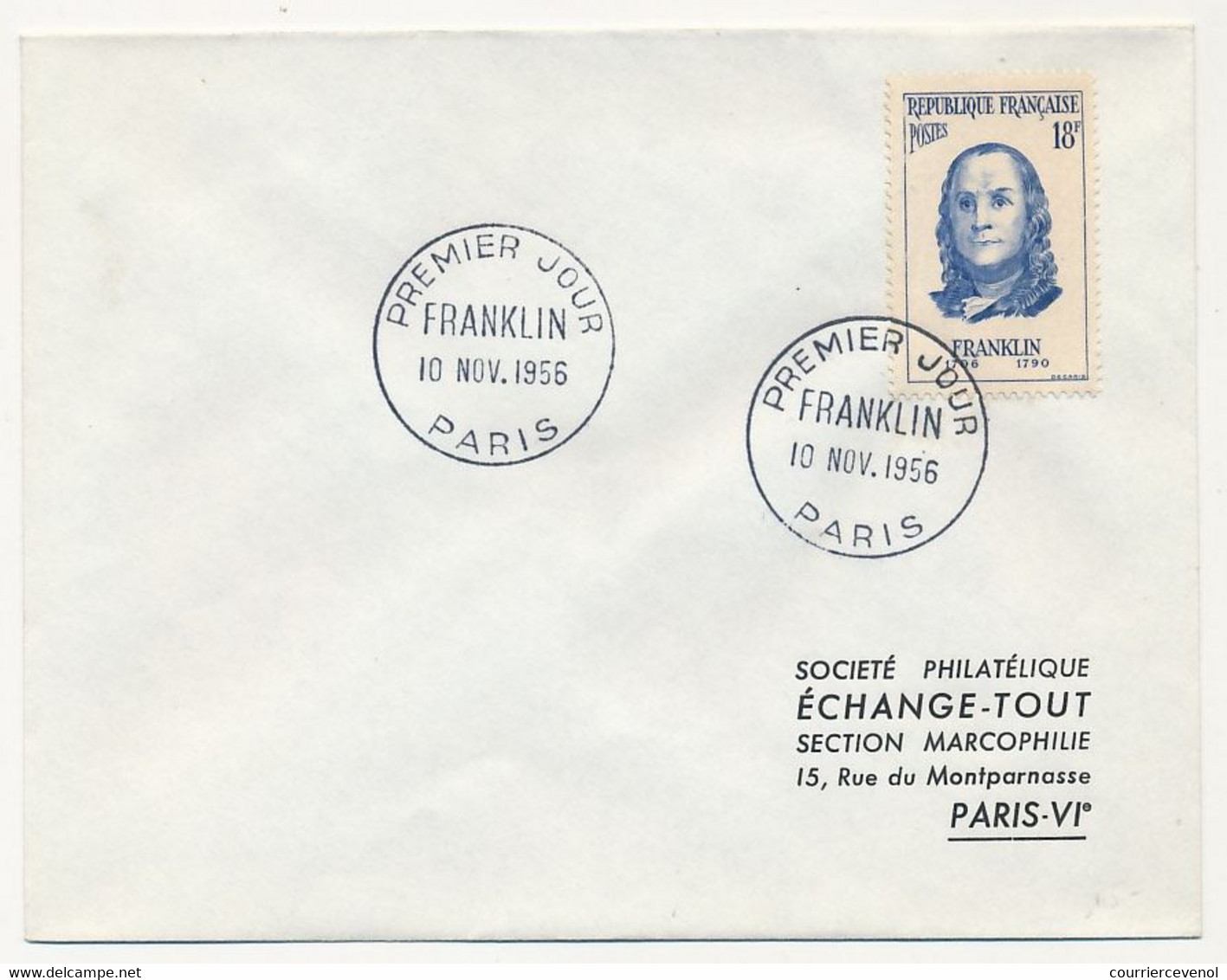 FRANCE - Env Affr. 18F Franklin - Obl Premier Jour Paris 10 Nov 1956 - Covers & Documents