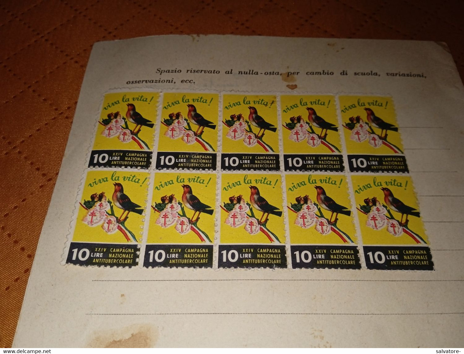 10 FRANCOBOLLI XXIV CAMPAGNA NAZIONALE ANTITUBERCOLARE DA LIRE 10 SU PAGELLA SCOLASTICA 1960 - Steuermarken
