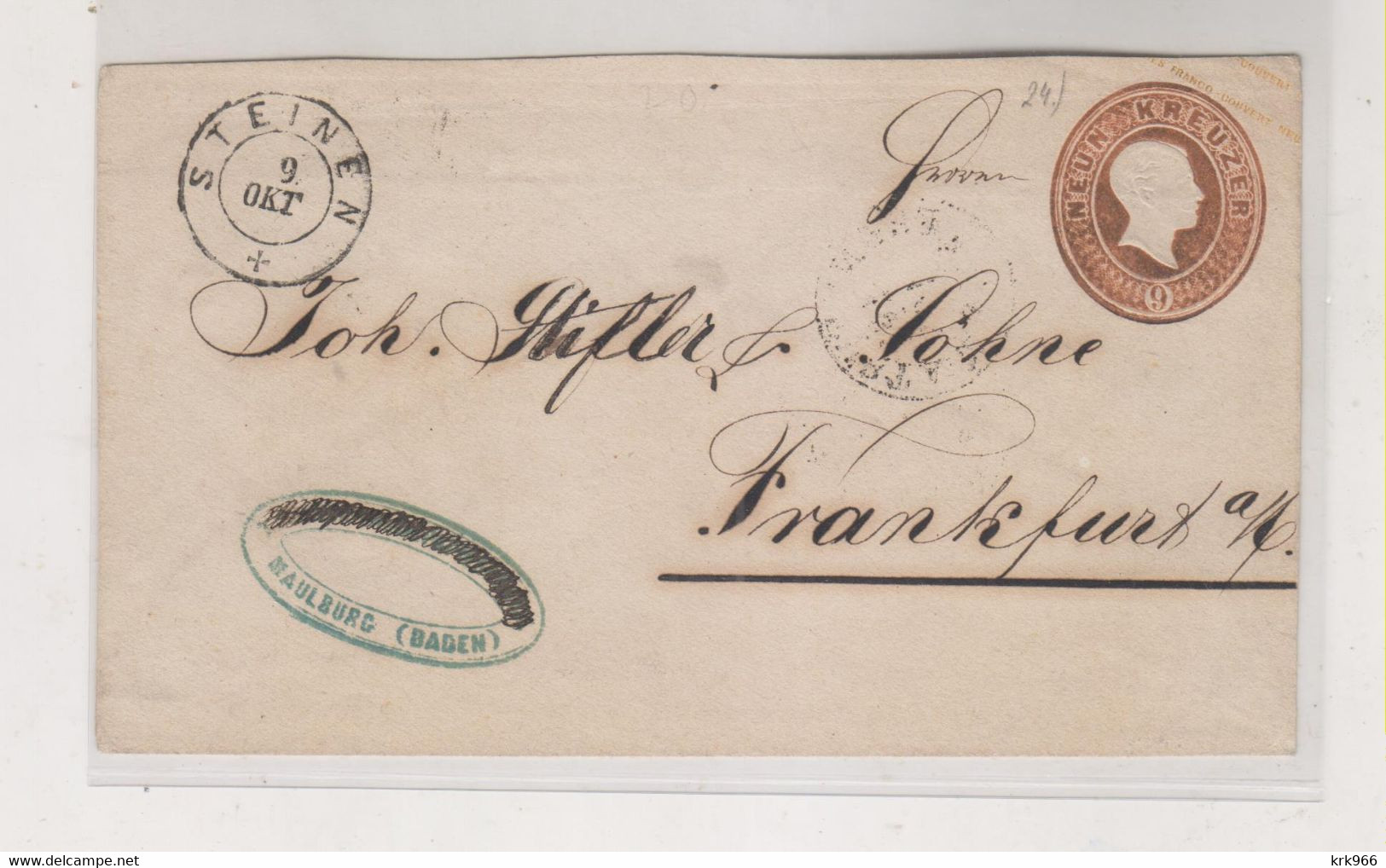 GERMANY BADEN STEINEN 1867 Postal Stationery Cover To Frankfurt Damaged - Interi Postali