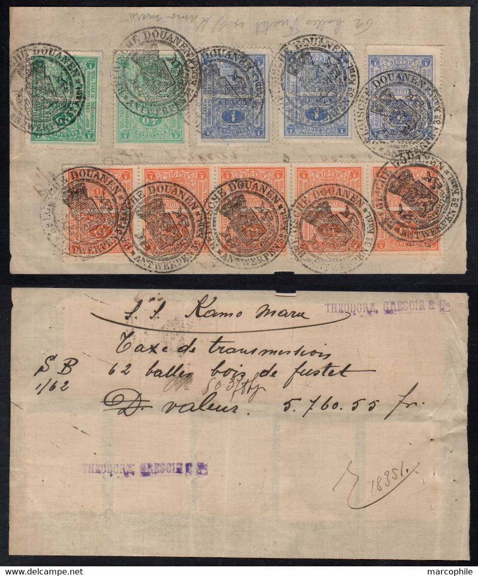 ANVERS - ANTWERPEN -TAXE DE TRANSMISSION - DOUANES -DOUANEN / 10 TIMBRES FISCAUX SUR DOCUMENT (ref 4918) - Documents