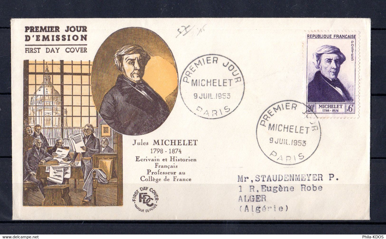 1953  " JULES MICHELET " Sur Enveloppe 1er Jour. Oblit. De PARIS. N° YT 949. Voir Les Scans Recto / Verso. FDC - 1950-1959