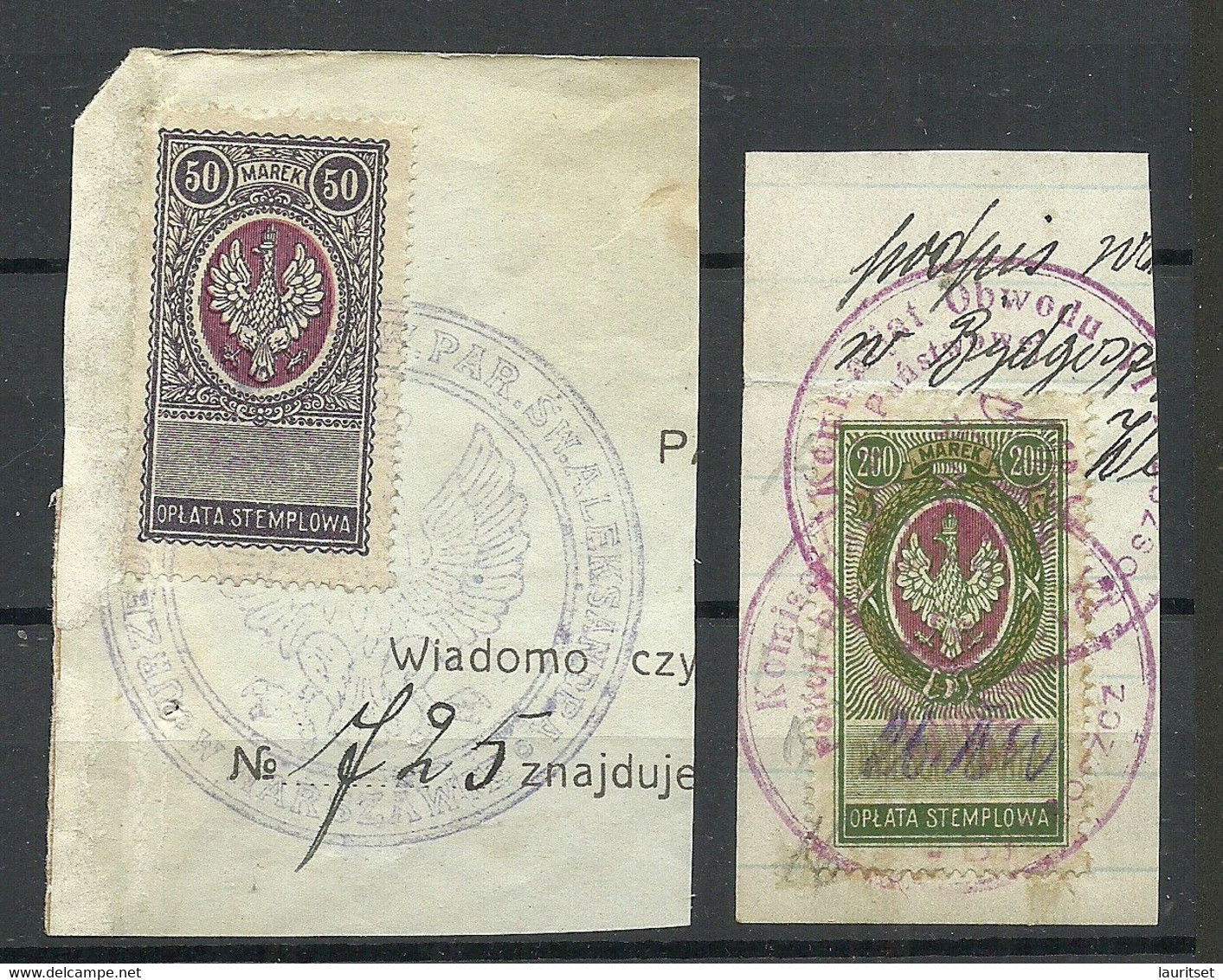 POLEN Poland 1920ies Documentary Tax Stempelmarken Revenue Oplata Stemplowa 50 & 100 M. O On Out Cut - Revenue Stamps