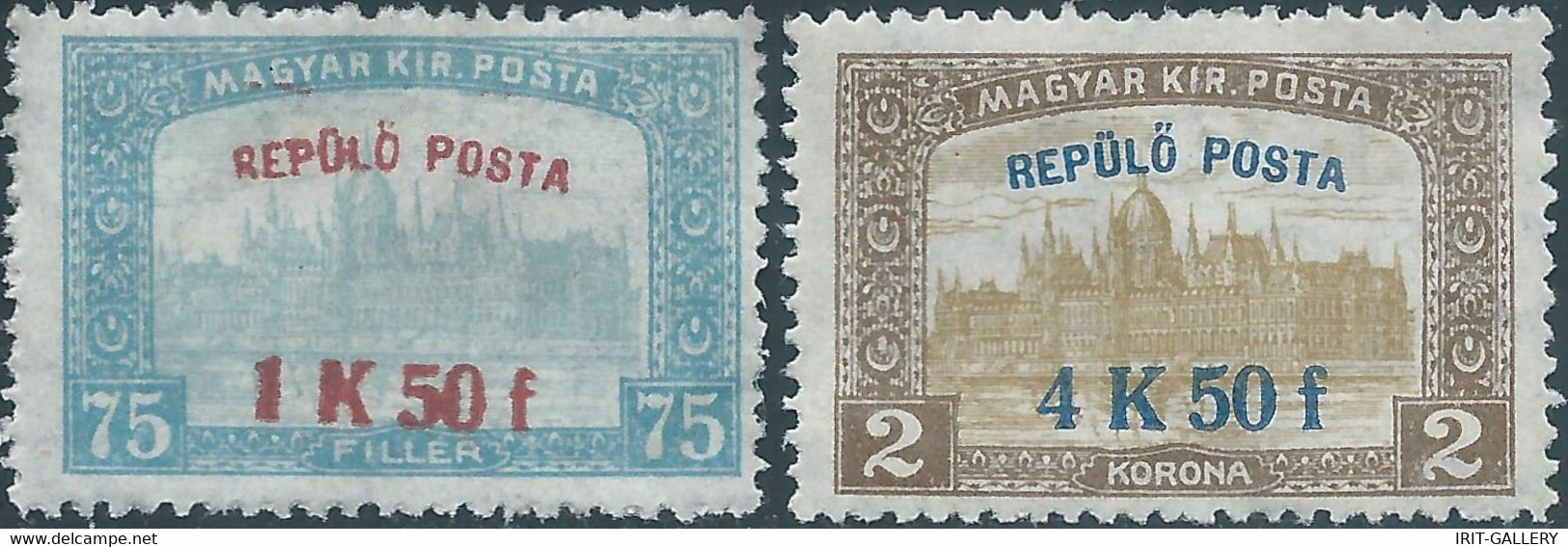 Hungary-MAGYAR,1918 Airmail - Parliament Stamps Of 1917 Surcharged 1.50/75Kr  & 4.50/2Kr ,Gum - Unused Stamps