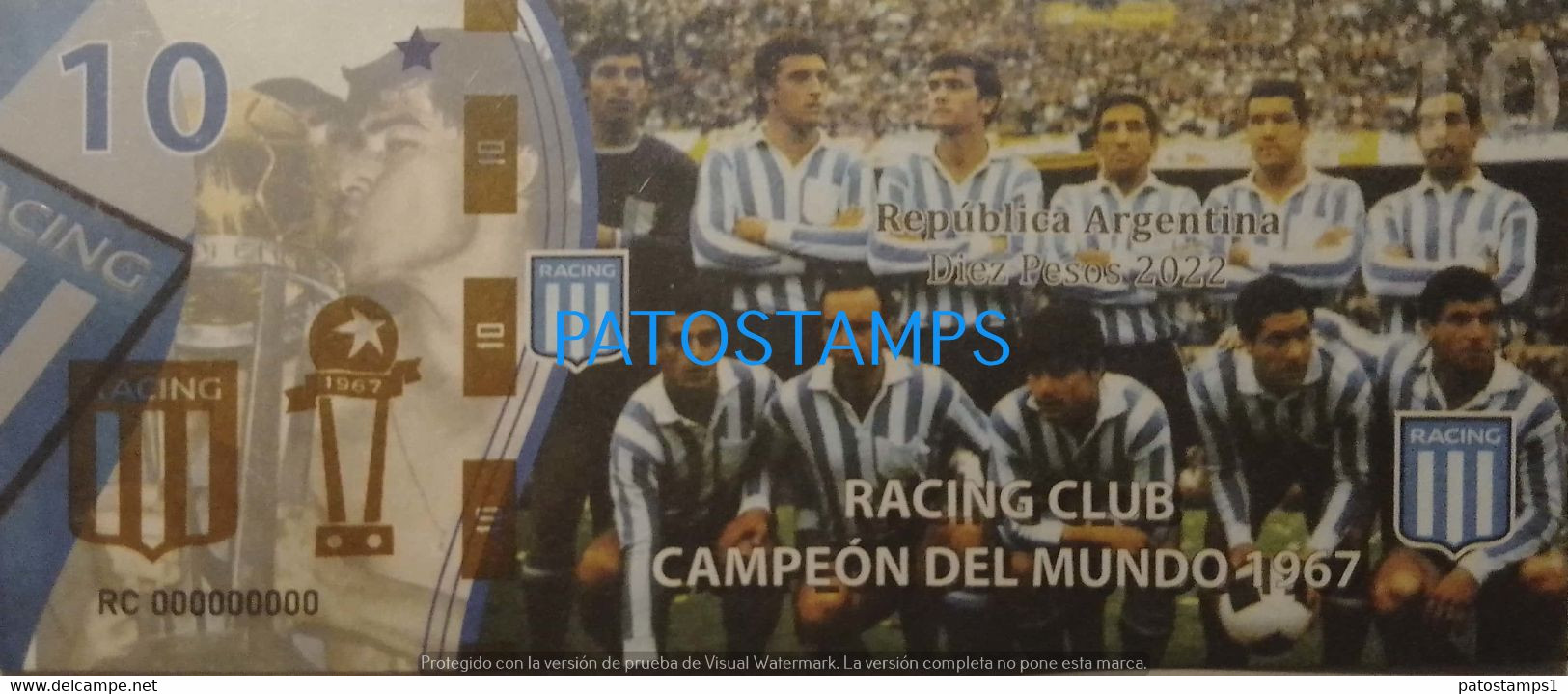 192537 BILLETE FANTASY TICKET 10 BANK ARGENTINA SOCCER FUTBOL RACING CLUB CAMPEON DEL MUNDO 1967 NO POSTCARD - Alla Rinfusa - Banconote