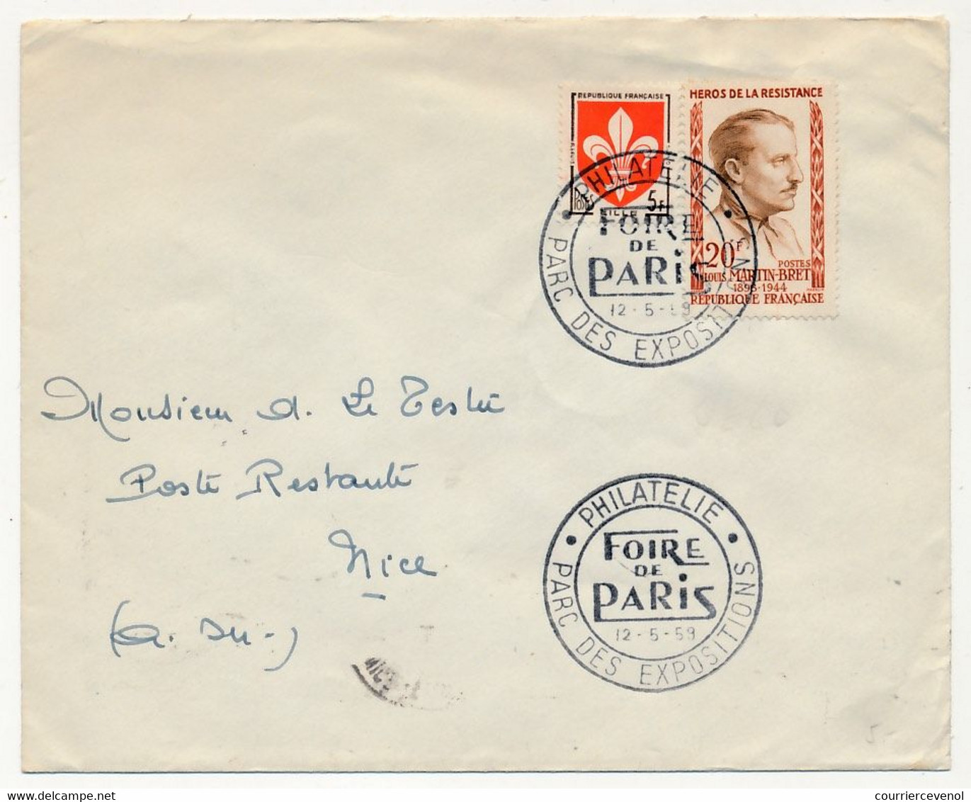 Enveloppe Affr.composé 20F Louis Martin Bret + Blason Lille - Obl Temporaire "Philatélie Foire De Paris" PARIS 12/5/1959 - Cachets Commémoratifs