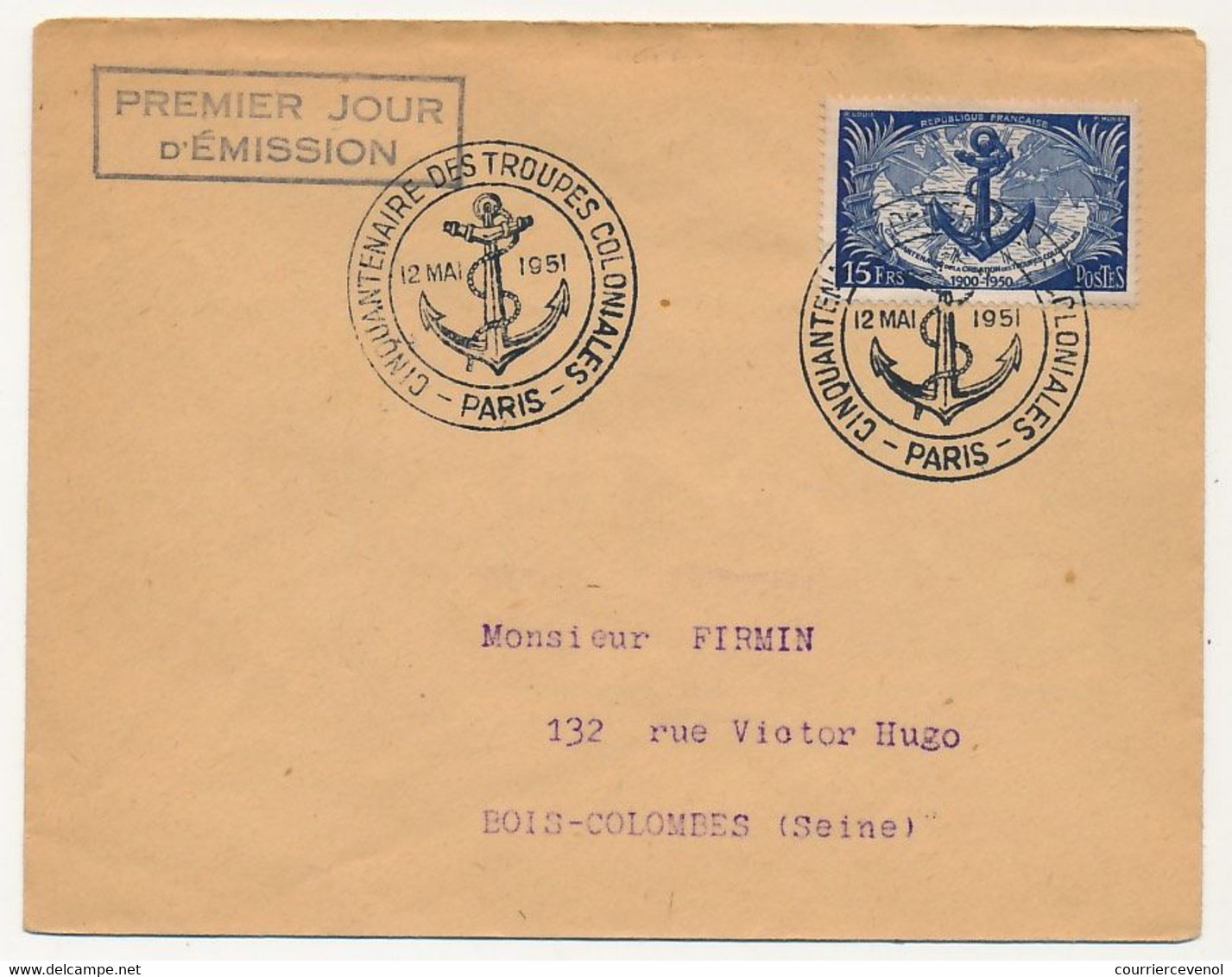 Enveloppe 15F Troupes Coloniales - Obl Illustrée Premier Jour "Cinquantenaire Des Troupes Coloniales" Paris 12/5/1951 - Covers & Documents