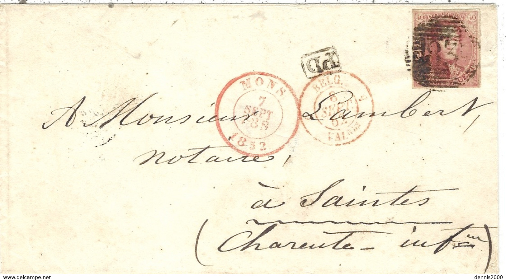 1852- Enveloppe De MONS  Pour Saintes ( Charente Maritime )  Affr. 40 C   ( 4 Marges ) - 1849-1865 Medallions (Other)