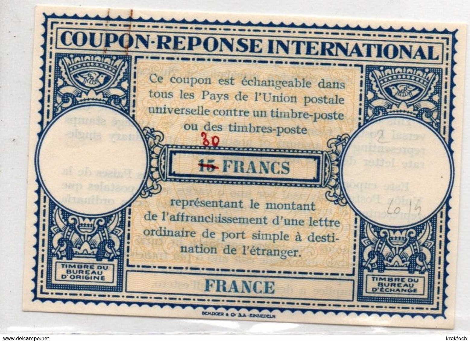 France - Coupon Type Lo 14 - 15 Francs Surchargé 30 Au Bic - CRI IAS IRC - Reply Coupons