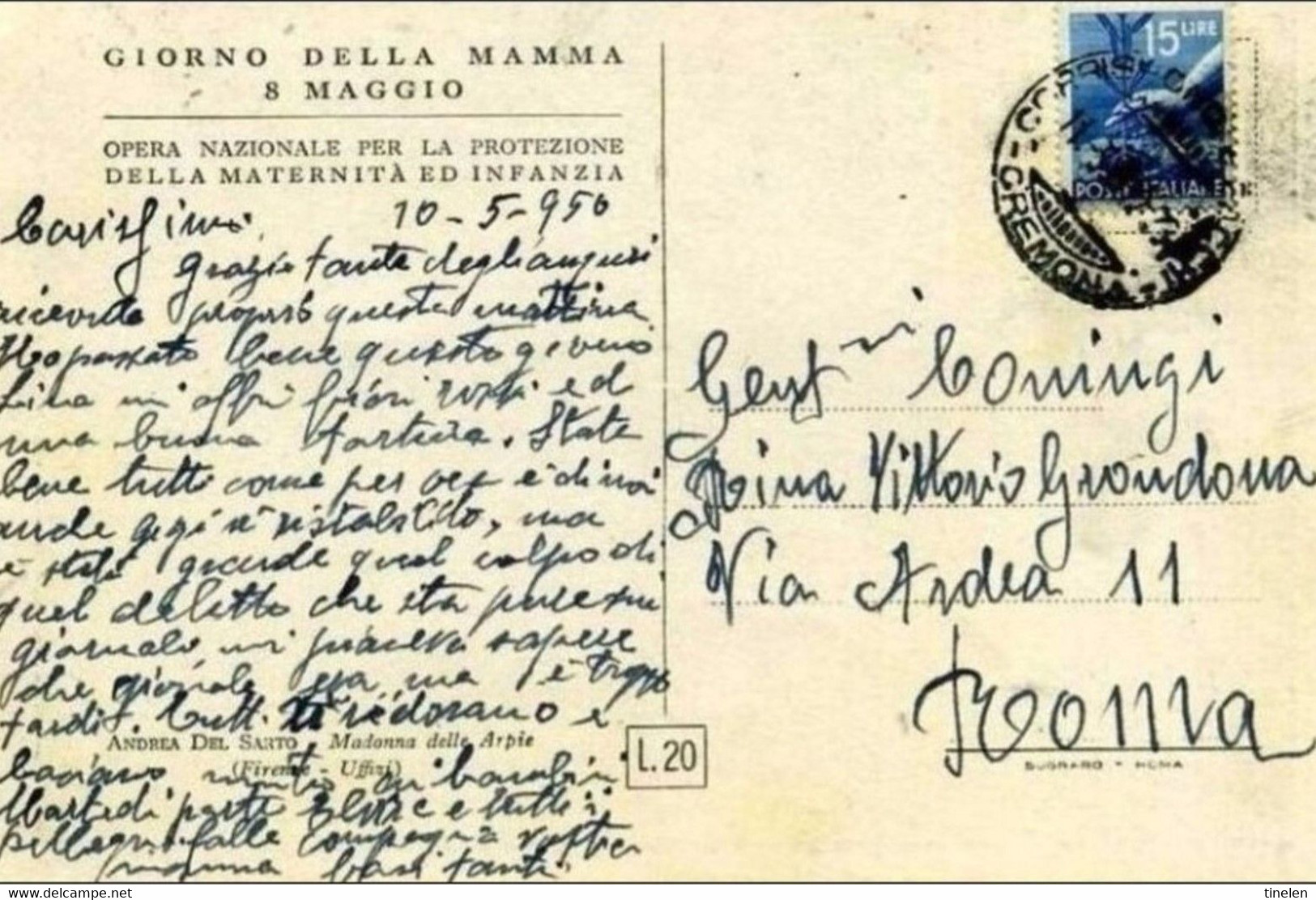 ITALIA - 8 MAGGIO 1950 GIORNATA DELLA MAMMA CARTOLINA ONMI ( MADONNA ARPIE- A. DEL SANTO)-  VIAGGIATA CREMONA -ROMA - Mother's Day