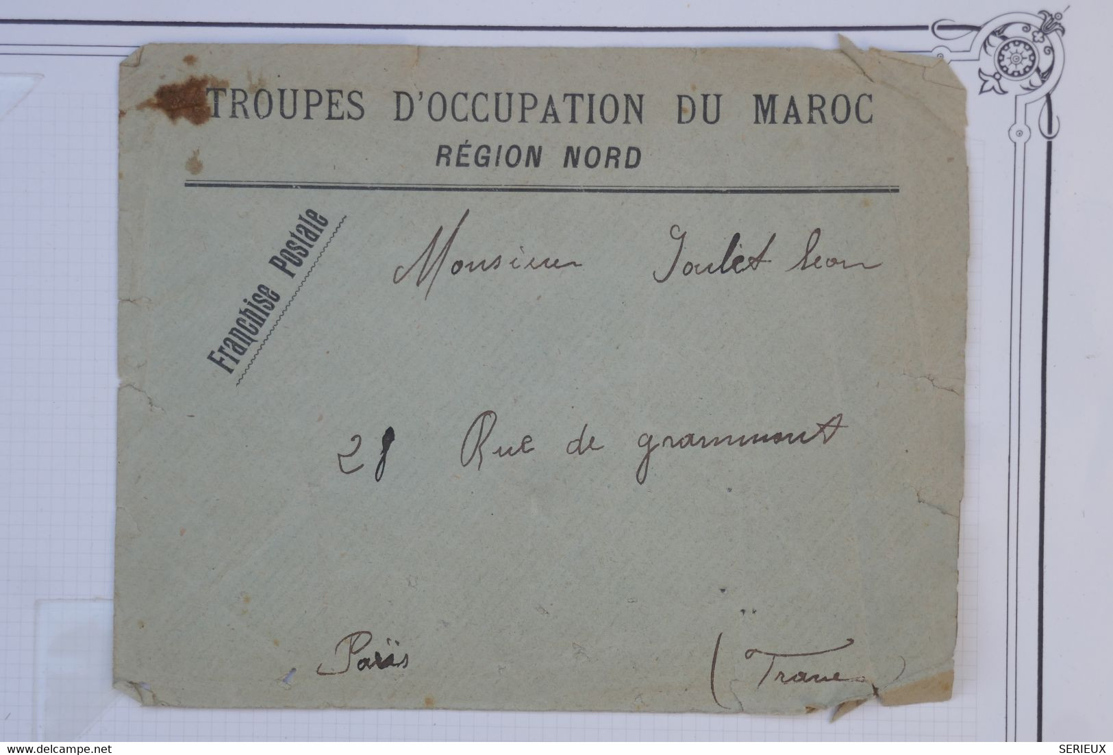BE4 FRANCE  BELLE LETTRE OCCUPATION MAROC REGION NORD  1912    A  PARIS   ++ ++AFFRANCH. INTERESSANT++ - Briefe U. Dokumente