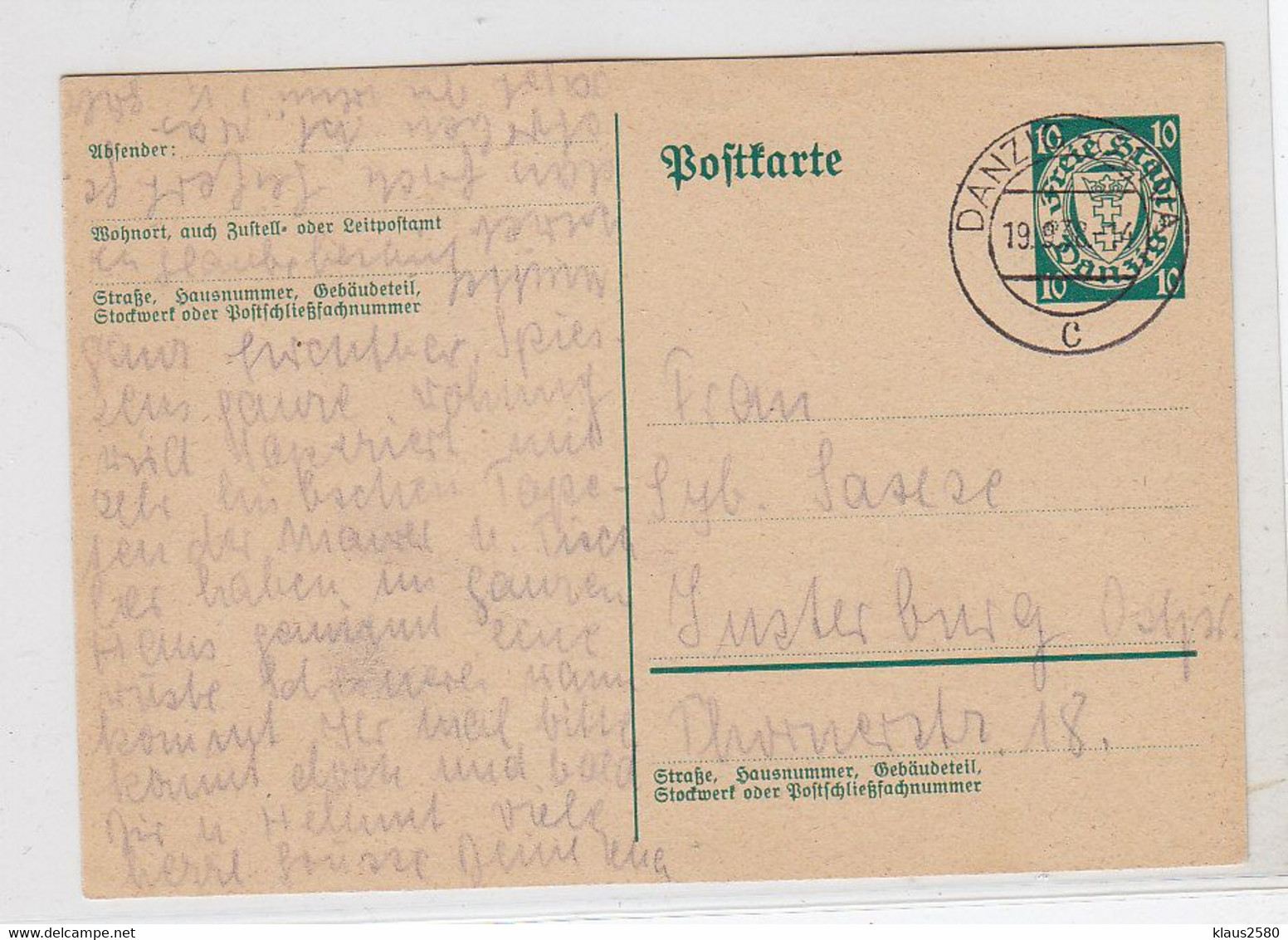 Danzig Karte  Nach Insterburg - Postal  Stationery