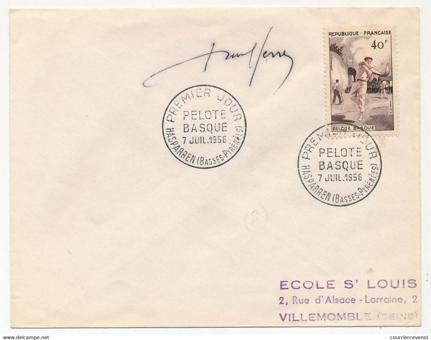 FRANCE - 40F Pelote Basque - Oblitération Premier Jour HASPARREN (Basses Pyr) 7/6/1956 Signée Serres - Briefe U. Dokumente