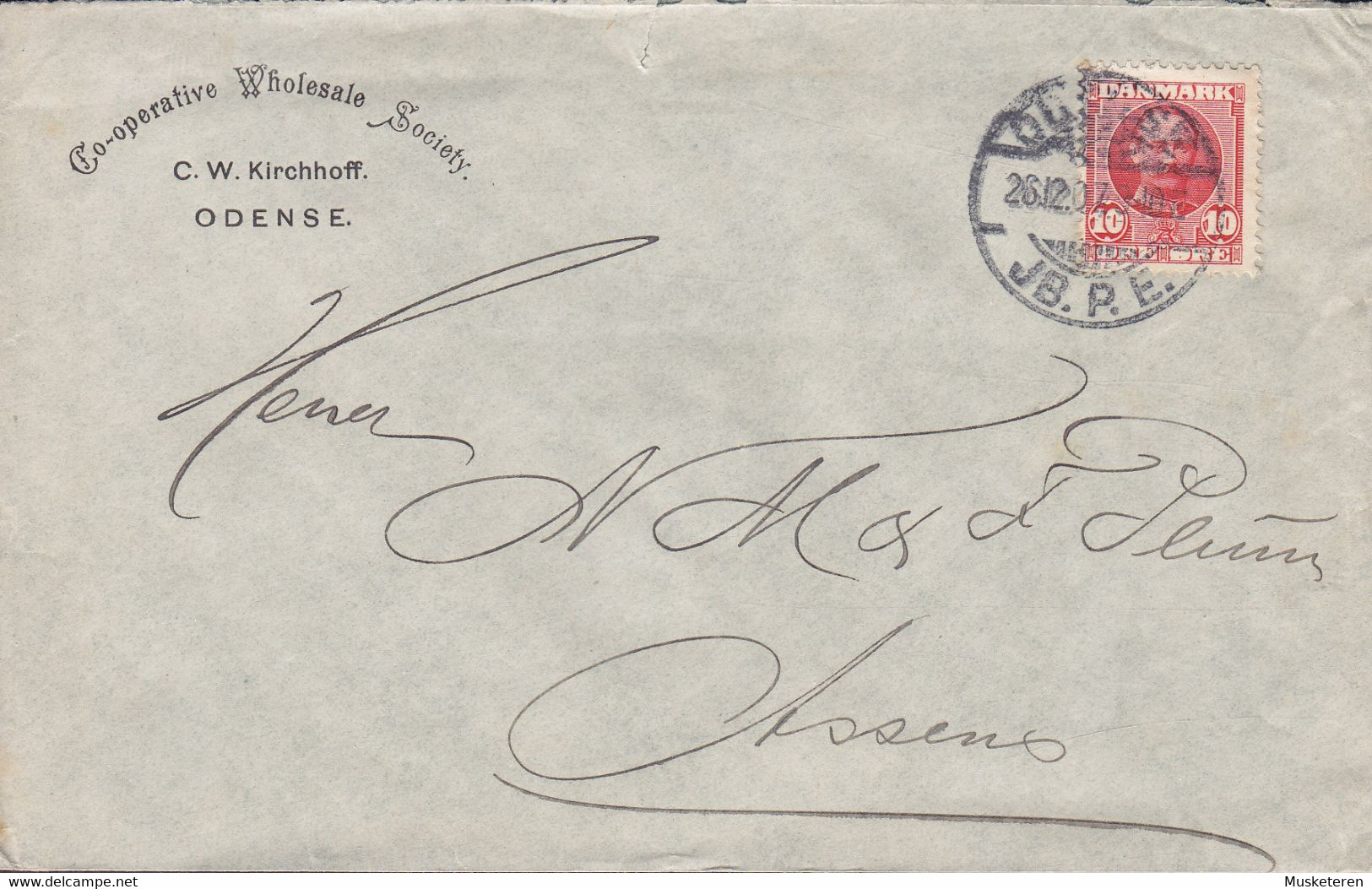 Denmark CO-OPERATIVE WHOLESALE SOCIETY Ltd. C. W. KIRCHHOFF, ODENSE JB. P. E. 1907 Cover Brief ASSENS (Arr.) Fr. VIII. - Covers & Documents