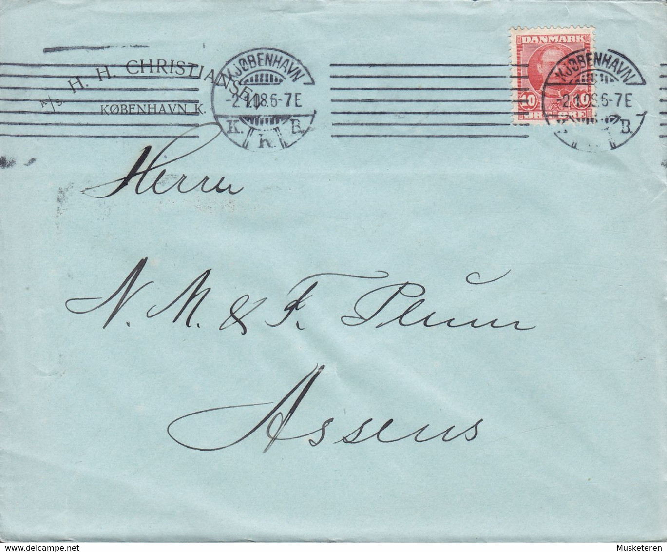 Denmark H. H. CHRISTIANSEN, TMS Cds. KJØBENHAVN K.K.B. 1908 Cover Brief ASSENS (Arr.) Fr. VIII. Stamp - Lettres & Documents