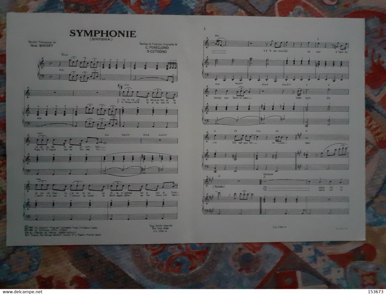 Partition "SYMPHONIE (Sinfonia)" éditions April Music - Neuilly 1981, Enregistré Par JAIRO. - Vocals