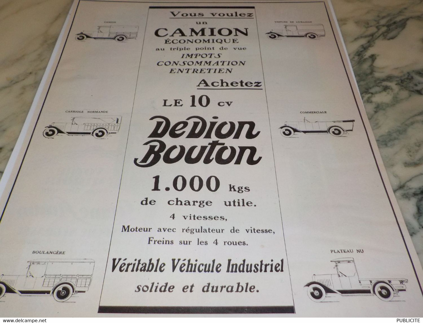 ANCIENNE PUBLICITE CAMION ECONOMIQUE DE DION BOUTON  1926 - Camions