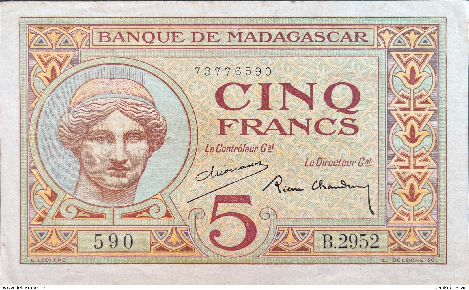 Madagascar 5 Francs, P-35 (1937) - About Uncirculated - Sign. Var 1 - Madagascar