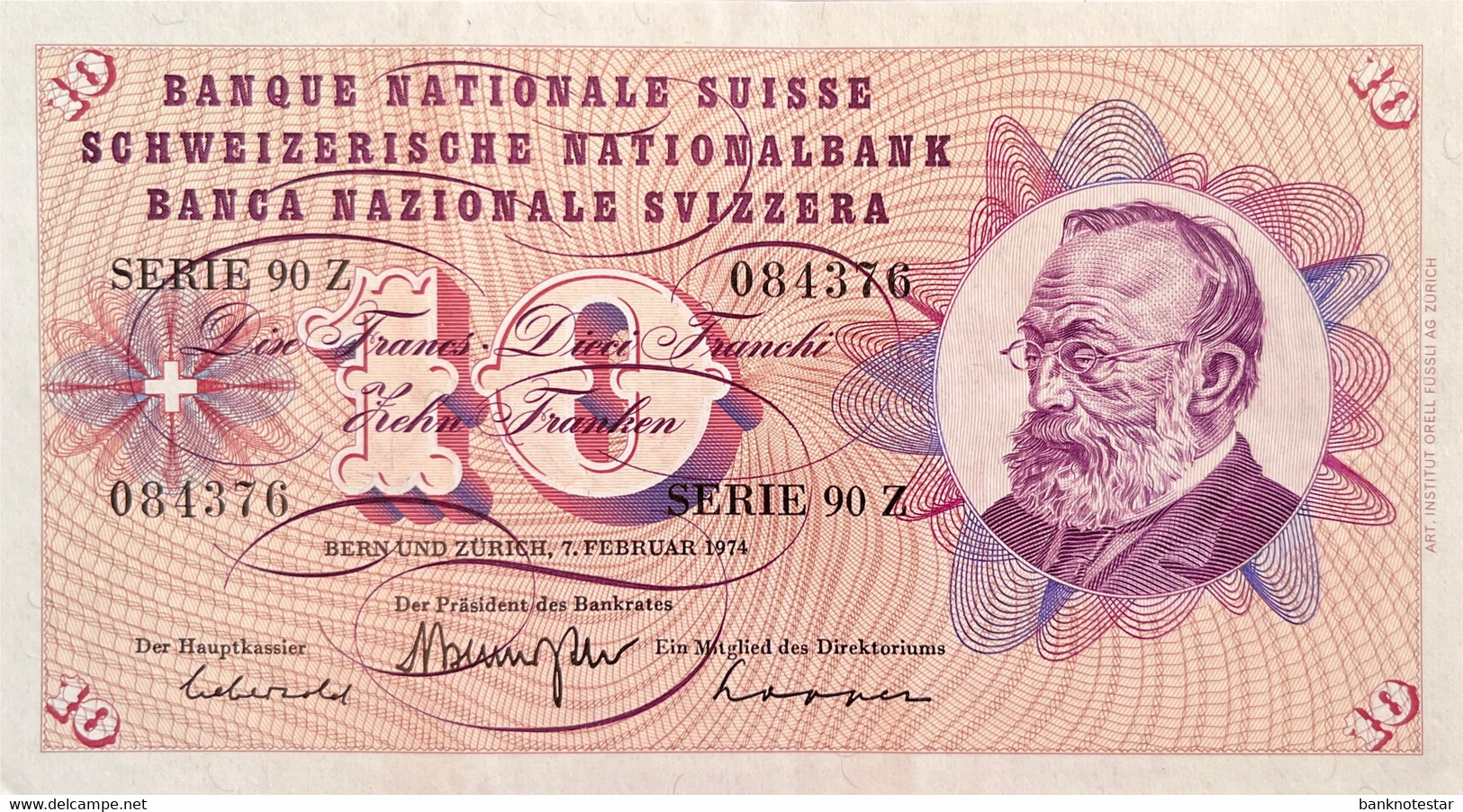 Switzerland 10 Franken, P-45t (7.2.1974) - Extremely Fine - Sign. 42 - Suisse