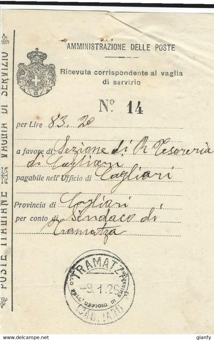 REGNO RICEVUTA VAGLIA 1926 TRAMATZA SARDEGNA - Strafport Voor Mandaten