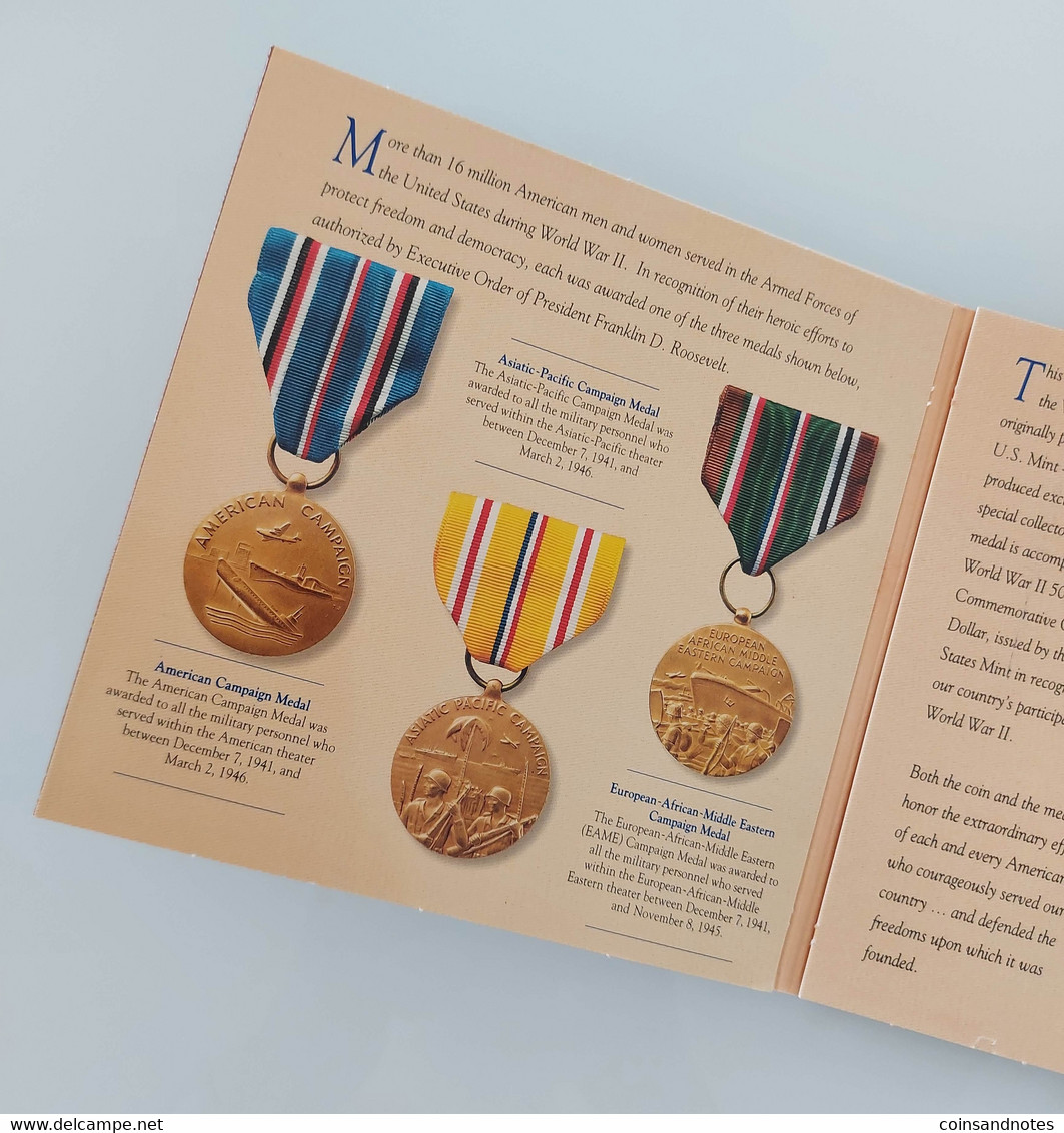 USA 1993 - Comm. Coin & Victory Medal Set 'WWII 50th Anniversary’ - COA - Collections