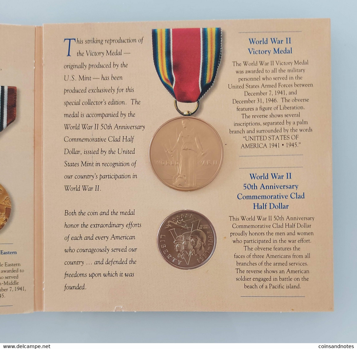 USA 1993 - Comm. Coin & Victory Medal Set 'WWII 50th Anniversary’ - COA - Sammlungen
