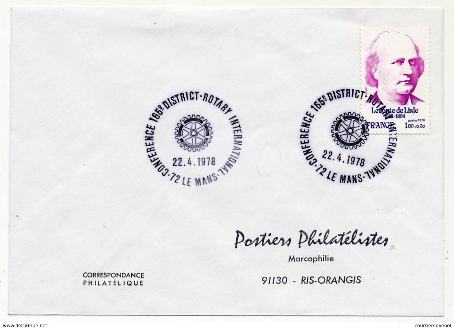 FRANCE - Env 1,00 + 0.20 Leconte De Lisle - Obl. Temp. "Rotary International Conférence 165e District LE MANS 22/4/1978 - Rotary Club