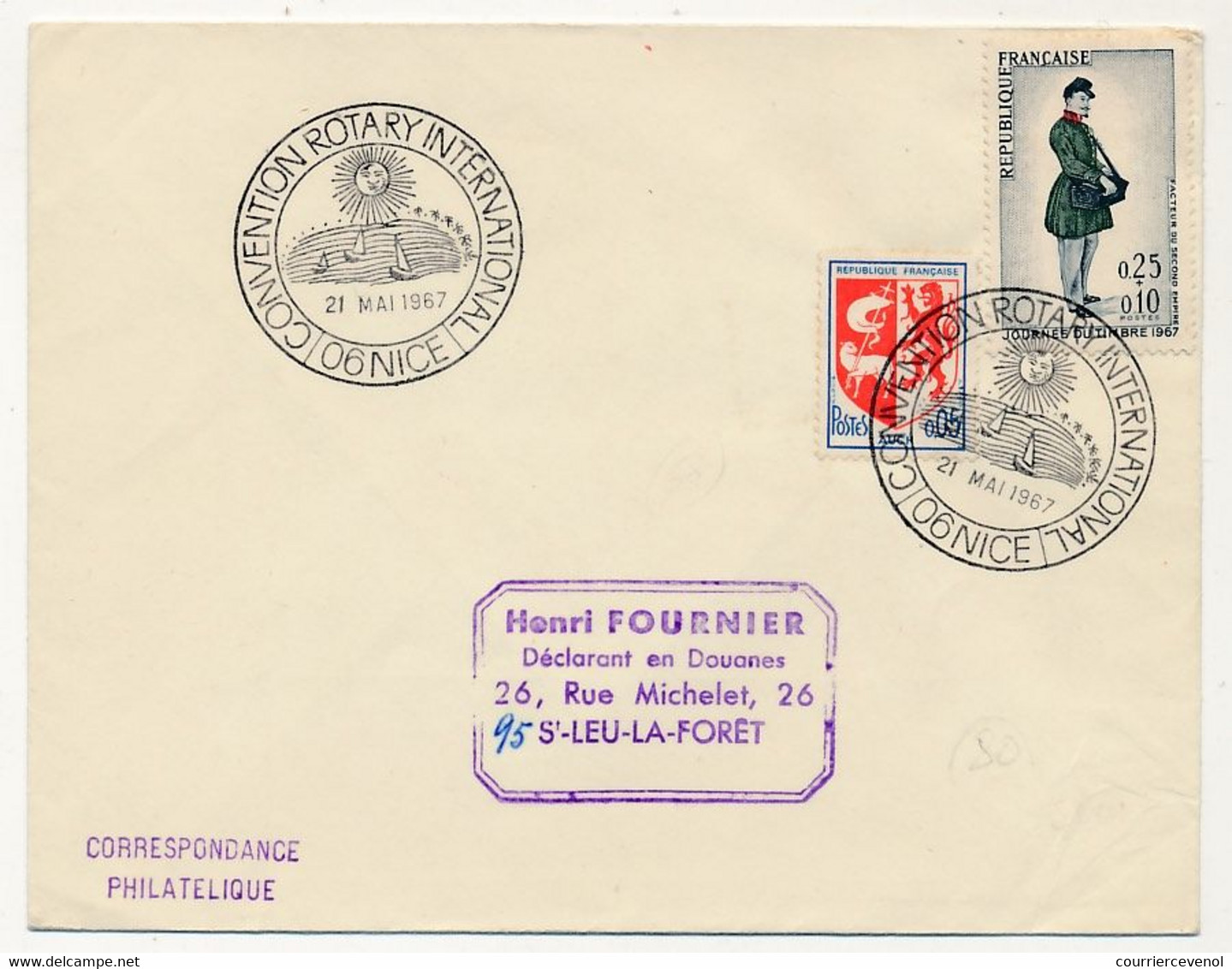 FRANCE - Env 0,25 + 0,10 Facteur 2eme Empire - Obl Temp "Convention Rotary International" 06 NICE 21 Mai 1967 - Rotary Club