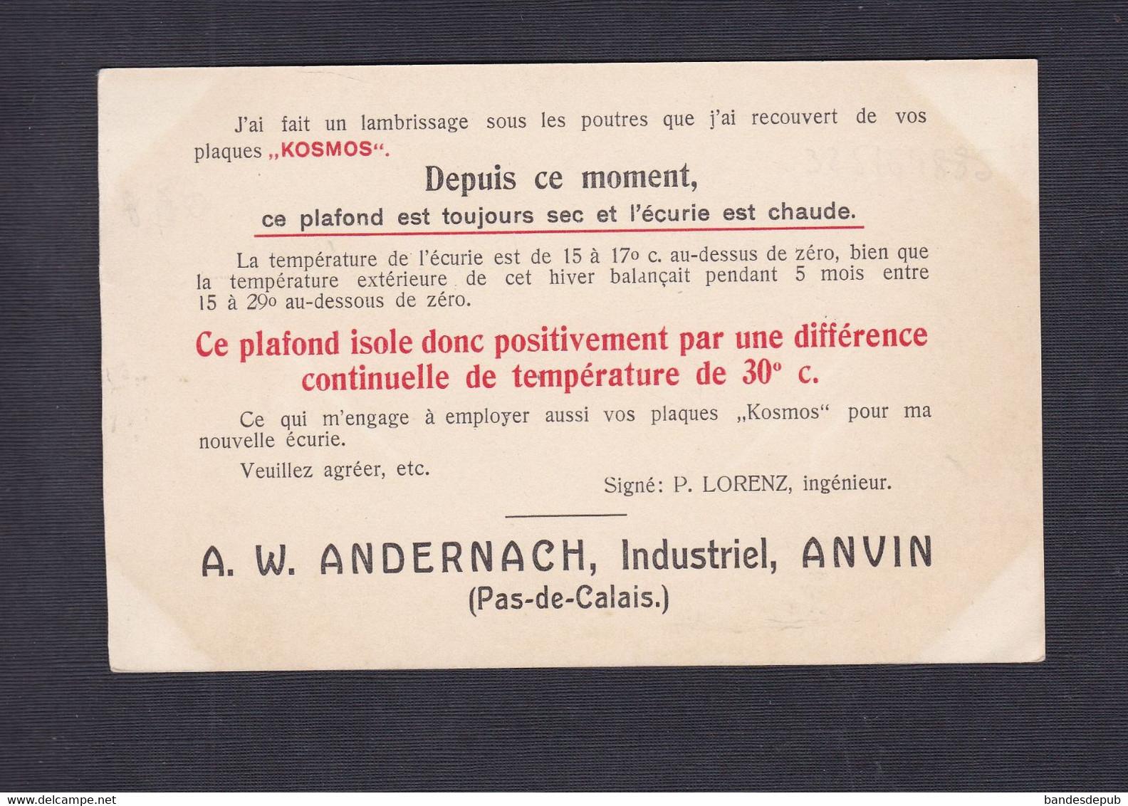 Vente Immediate Carte Publicitaire Filisur Ecurie De P. Lorenz Ingenieur  ( Plaques Kosmos Andernach Anvin  53088) - Filisur