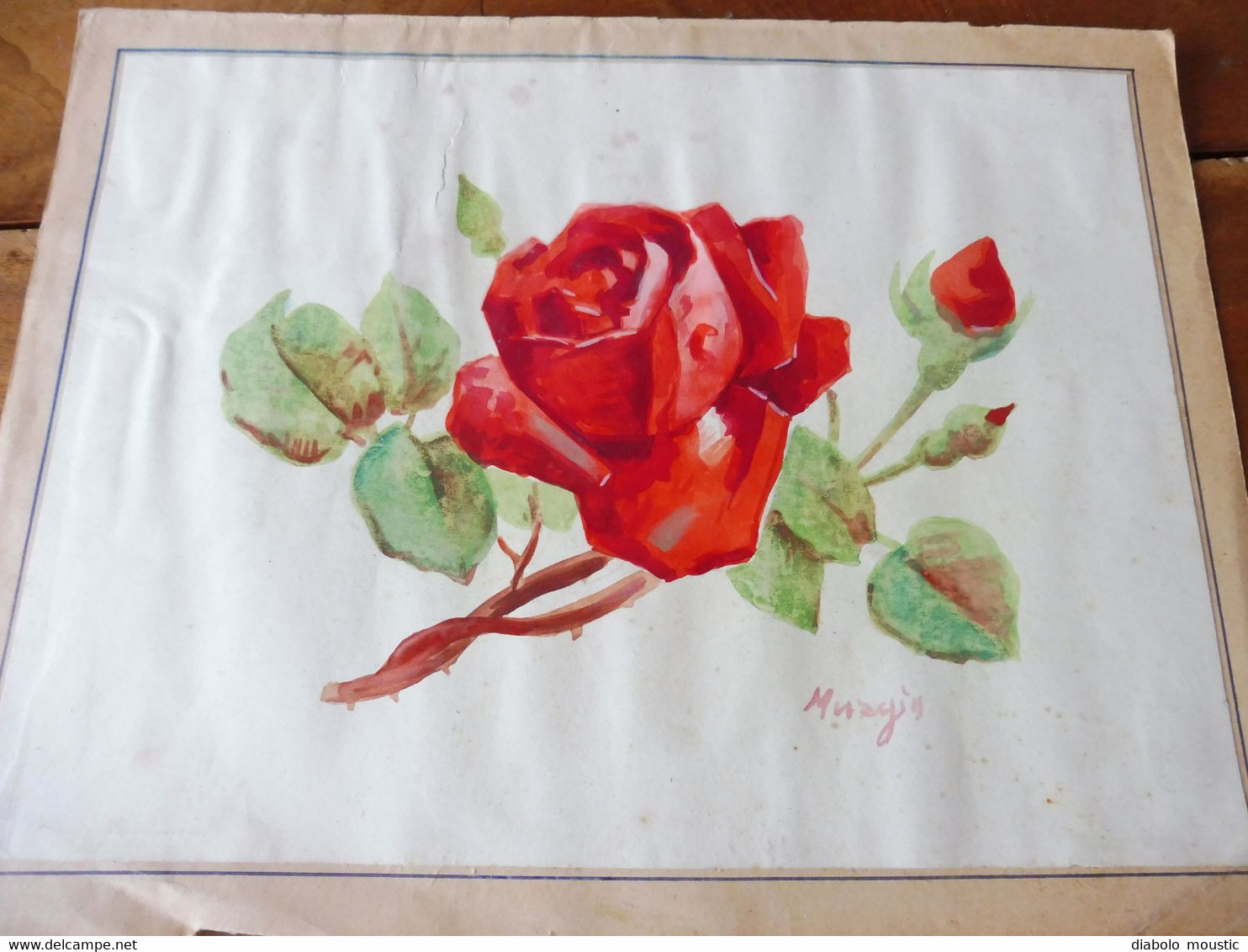 Aquarelle  FLEURS  " Rose Et Boutons  " Signé Murzin  Dimensions Hors - Tout 32 X 22cm - Watercolours