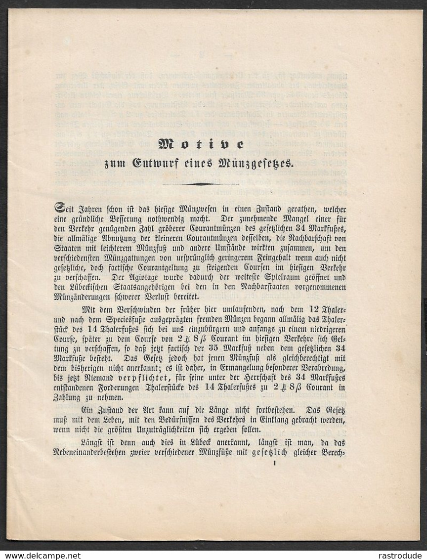 1856 LÜBECK DOKUMENT MÜNZGESETZ ENTWURF - EINFÜHRUING DES PREUSSISCHEN THALERS - SELTEN - Taler & Doppeltaler