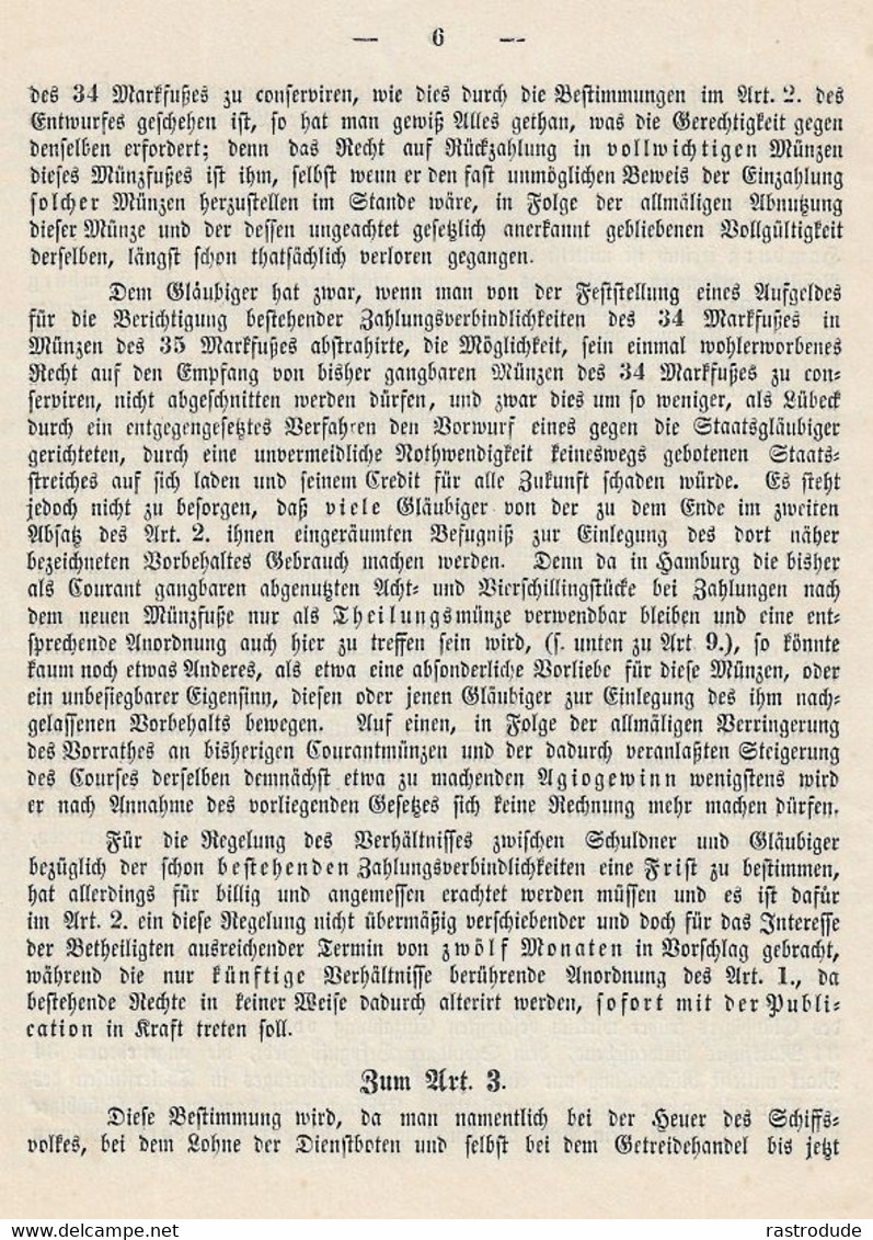 1856 LÜBECK DOKUMENT MÜNZGESETZ ENTWURF - EINFÜHRUING DES PREUSSISCHEN THALERS - SELTEN