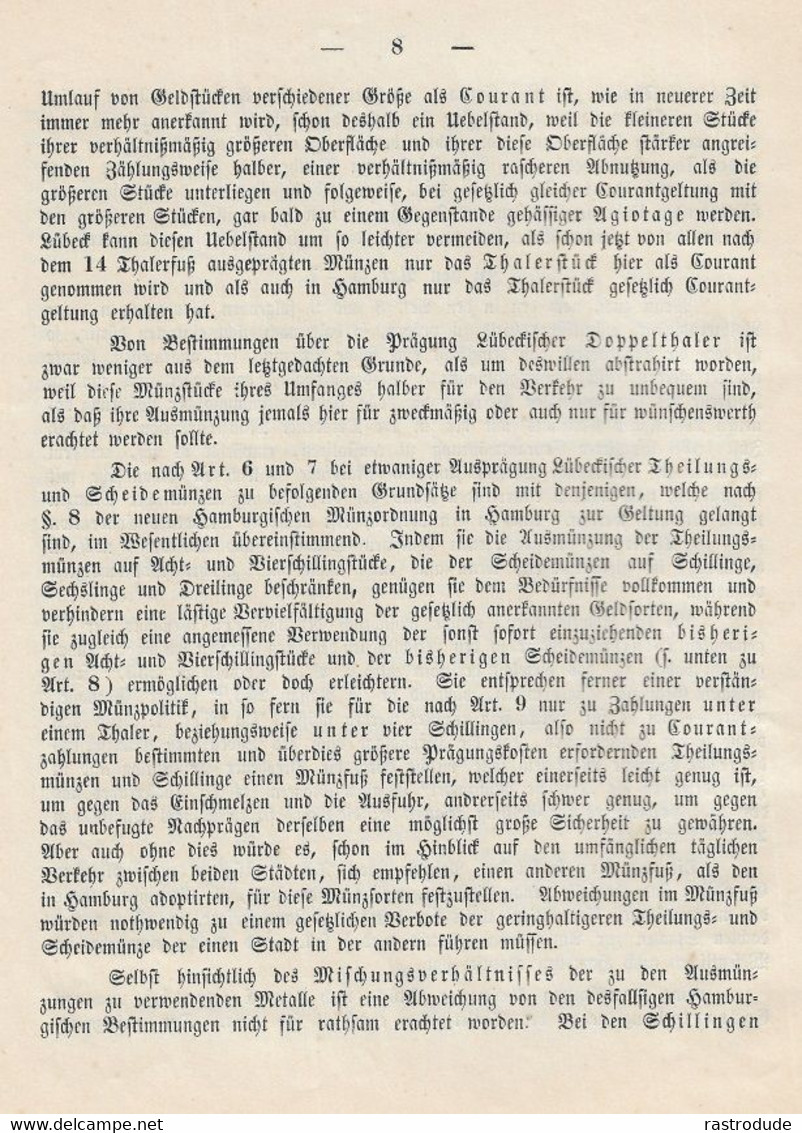 1856 LÜBECK DOKUMENT MÜNZGESETZ ENTWURF - EINFÜHRUING DES PREUSSISCHEN THALERS - SELTEN