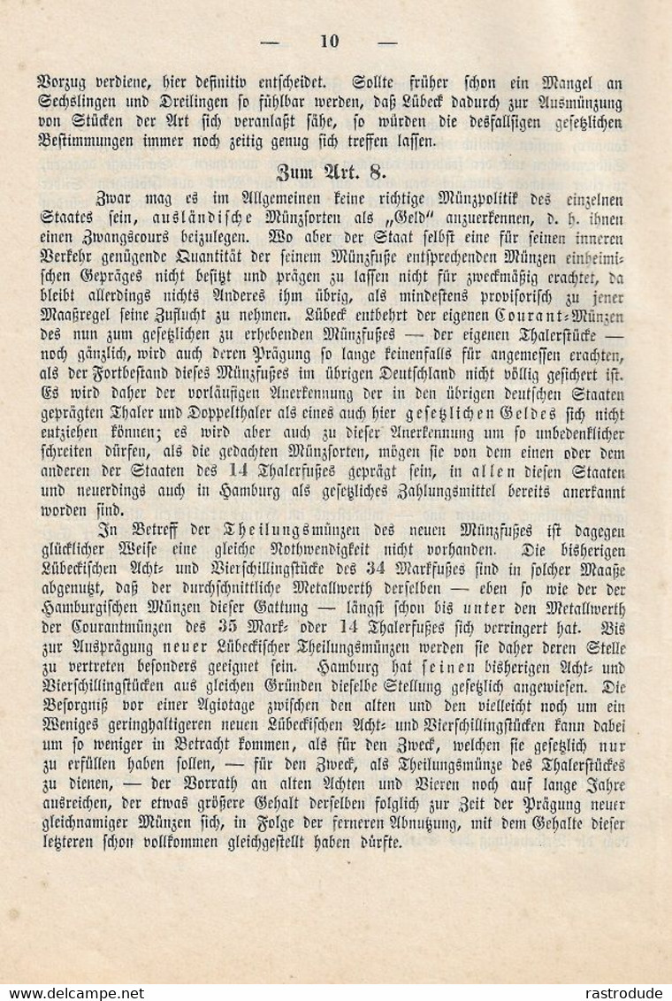 1856 LÜBECK DOKUMENT MÜNZGESETZ ENTWURF - EINFÜHRUING DES PREUSSISCHEN THALERS - SELTEN